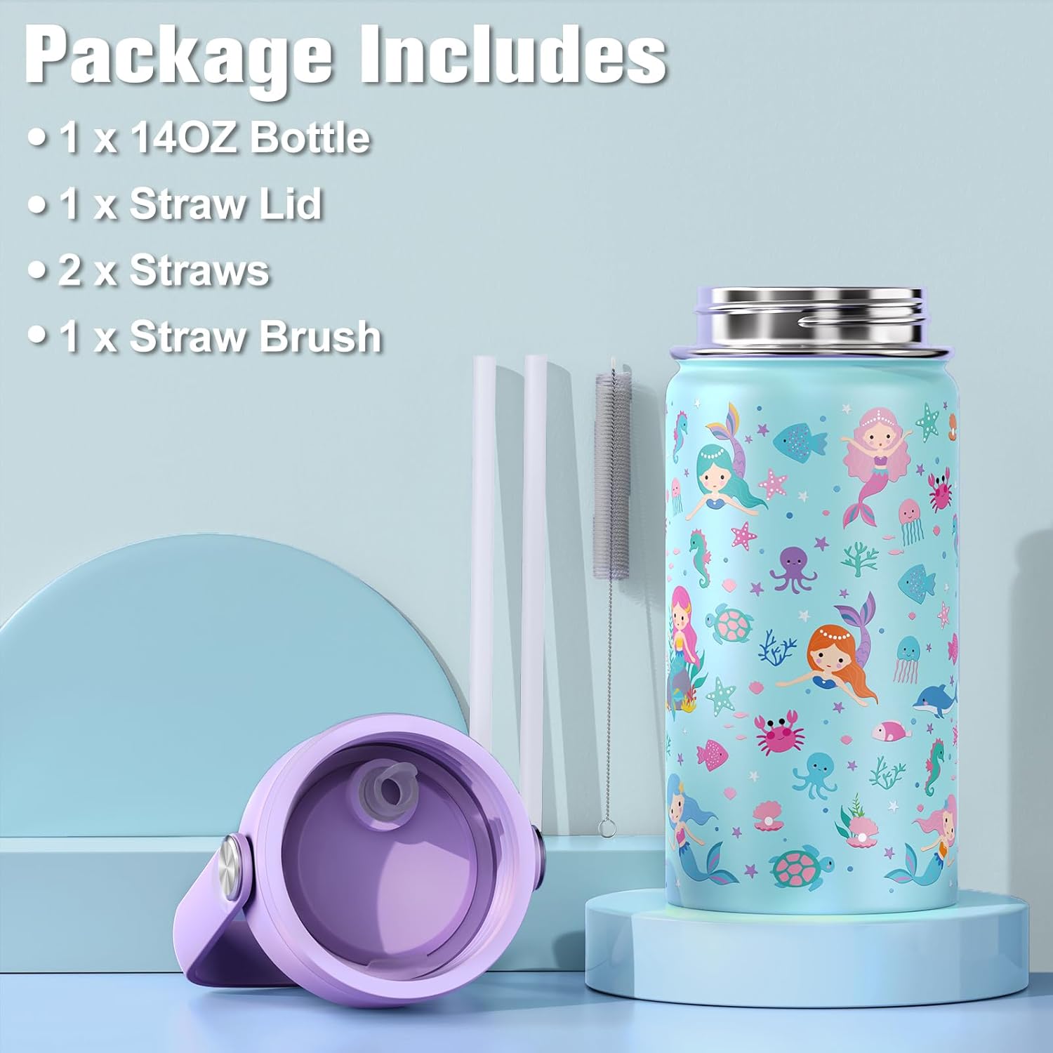 Bevalsa Kids Backpack for Girls with Insulated Water Bottle, Blue Cute Bookbag for Girls Kid, 14oz Termos Kids Water Bottle, Insulated Lunch Bag & Pencial Case, Back To School Gift (Mermaid)