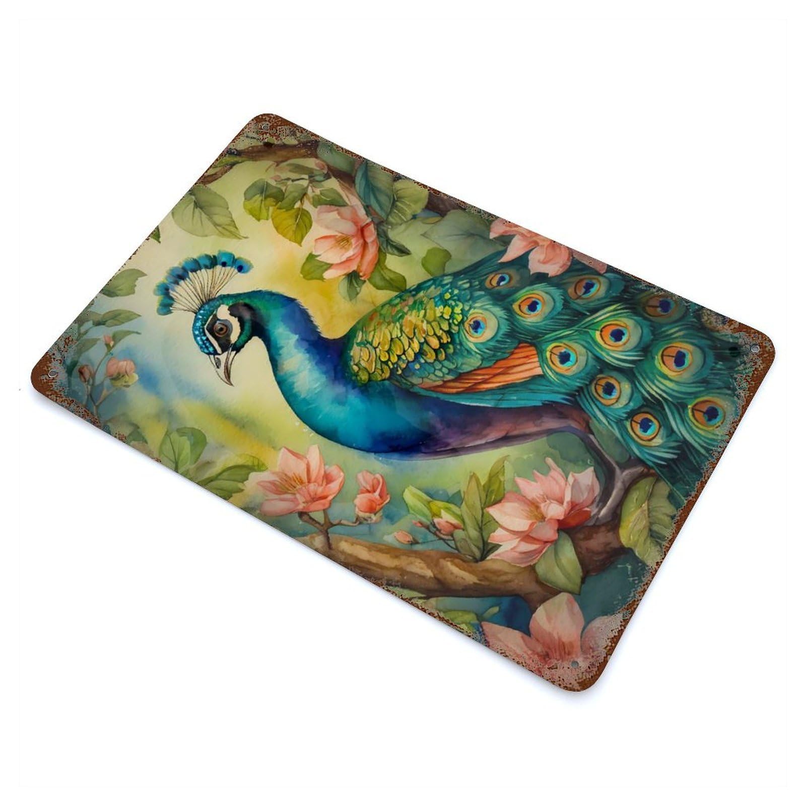 Rust Effect An Peacock Illustration Rusty Metal Tin Sign 11.8"x7.9", Old School Wall Decor for Cafe, Home Bar And Lounge Decor