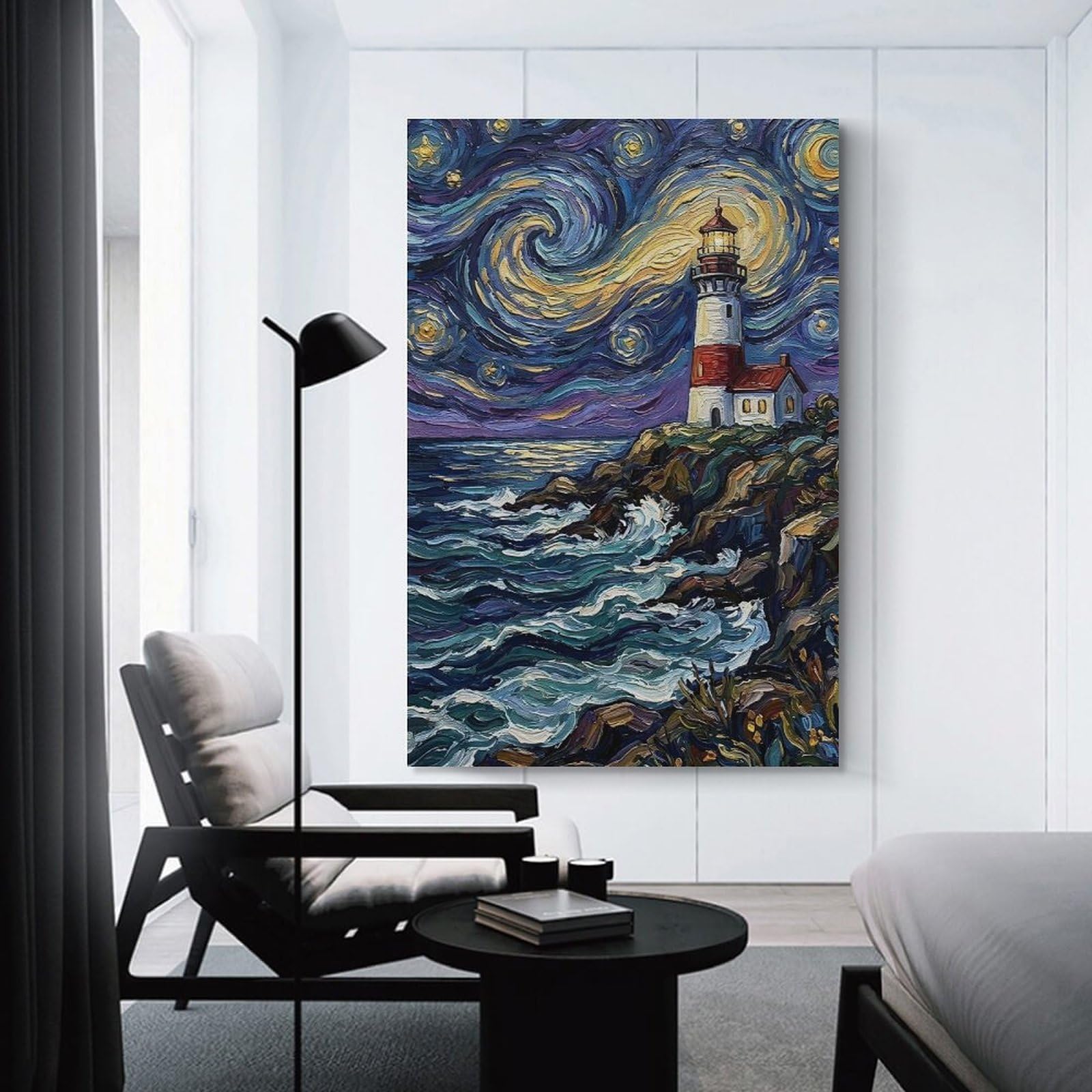 Junmoney Starry Night Lighthouse Painting Decorative Wall Artwork, 08x12inch(20x30cm), for Home Lounge, Bedroom Or Reading Nook, Eye Catching Artwork for Blank Walls