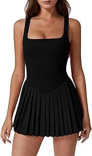 Womens Square Neck Tennis Dress Pleated Sleeveless Built in Shorts Golf Athletic Dress with Pockets - Buy now