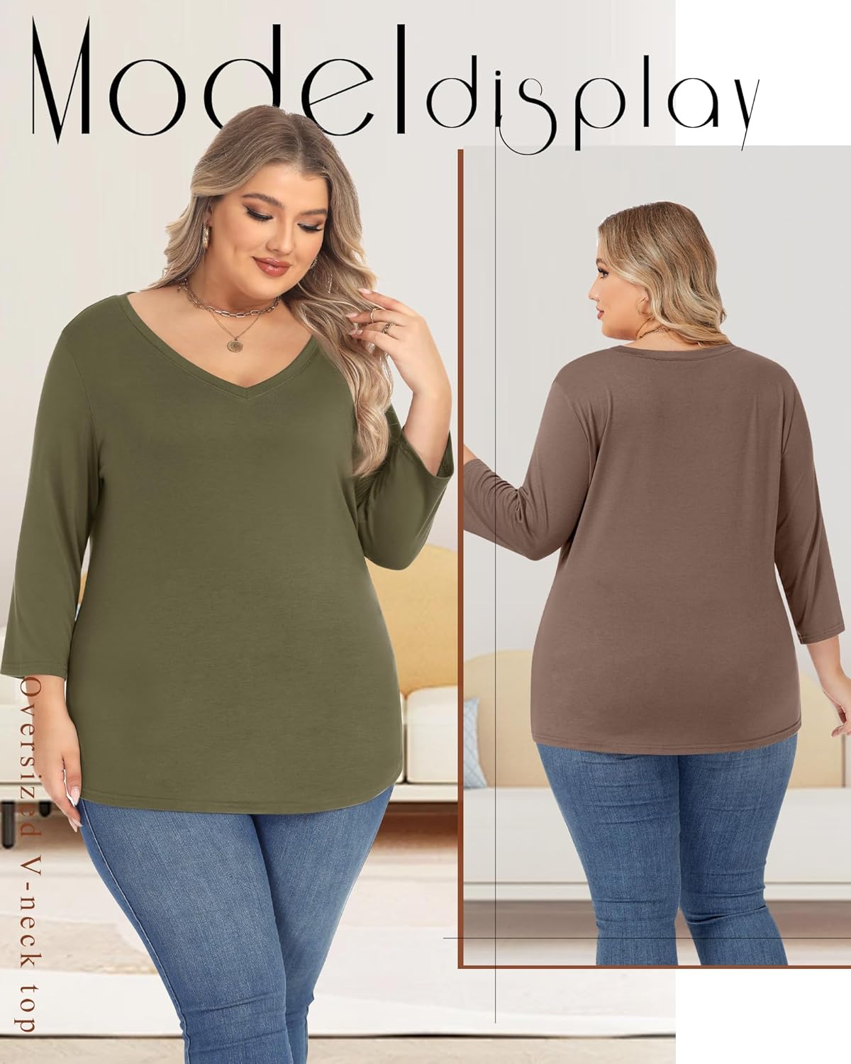 Ficerd 3 Pack Cotton Plus Size 3/4 Sleeve Tops for Women V Neck T-Shirts Casual Loose Fit Trendy Basic Tees Clothes - Image 3