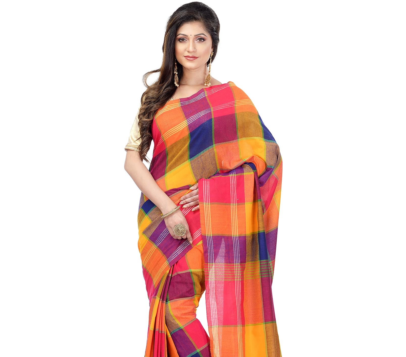 db desh bidesh Women`s Traditional Bengali Tant Handloom Pure Cotton Saree Checked Desigined With Blouse Piece (Yellow Multicolor)-picture-39