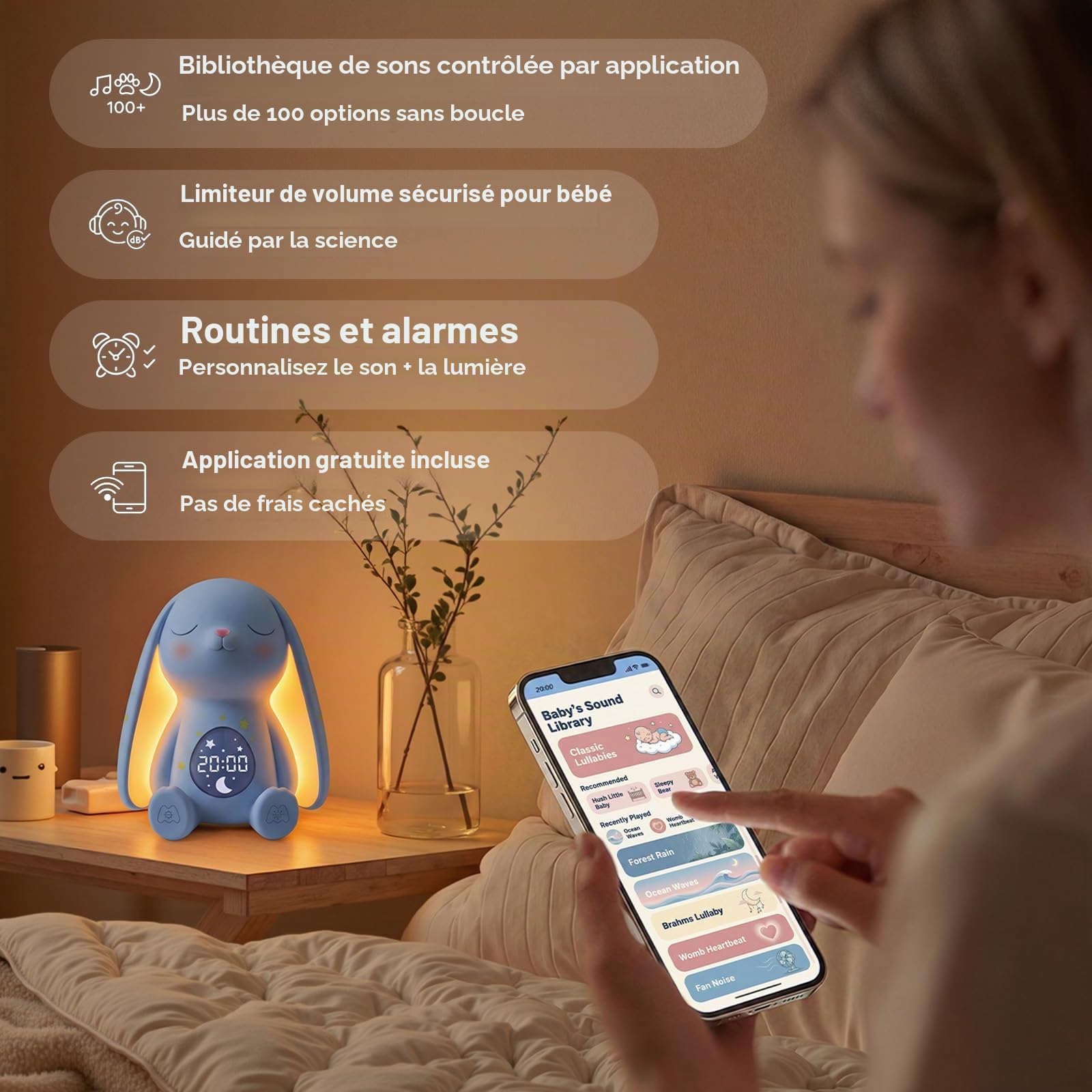 Mewaii Machine à Son pour Bébé avec Lumière Nuit, Détection des Pleurs, 100 Sons Relaxants, Contrôle App, Batterie Longue Durée