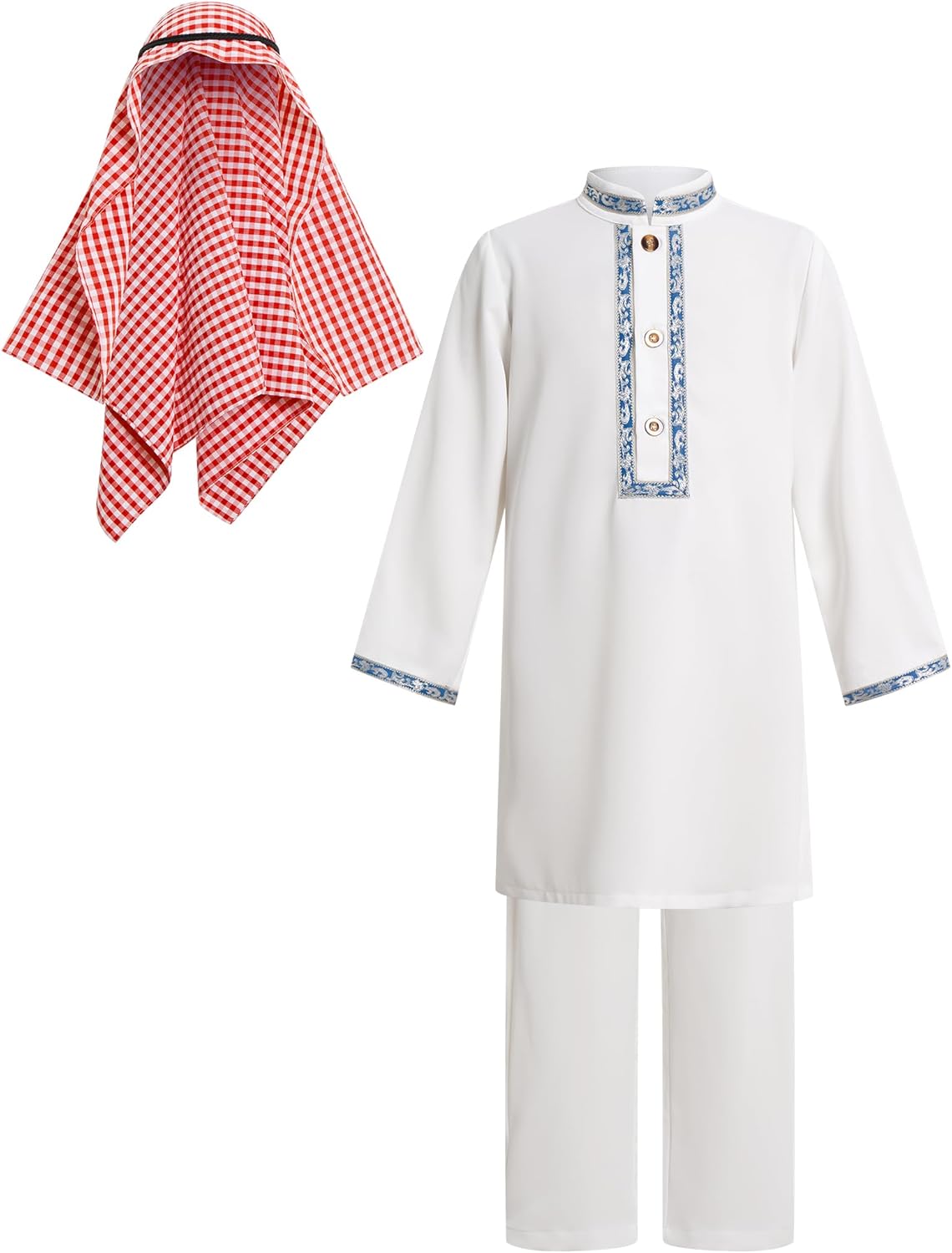 OBEEII Toddler Baby Boy Muslim Thobe Long Sleeve Thobe Robe + Pants + Shemagh Keffiyeh 3PCS Saudi Ramadan Outfit Abaya 12M-5Y