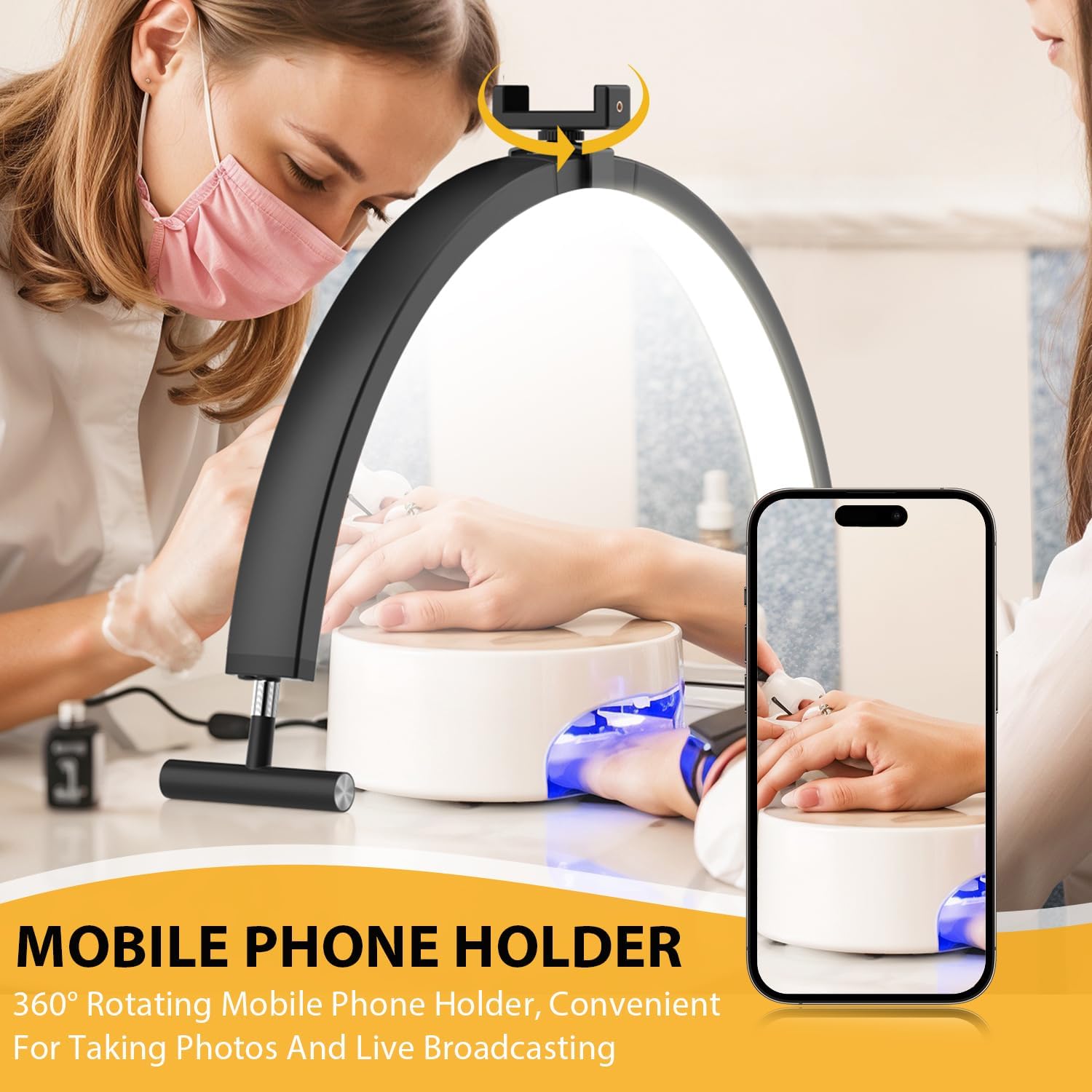 30'' Foldable Half Moon Nail Light with Phone Holder, 2000 Lumen, 3 Color Modes, White