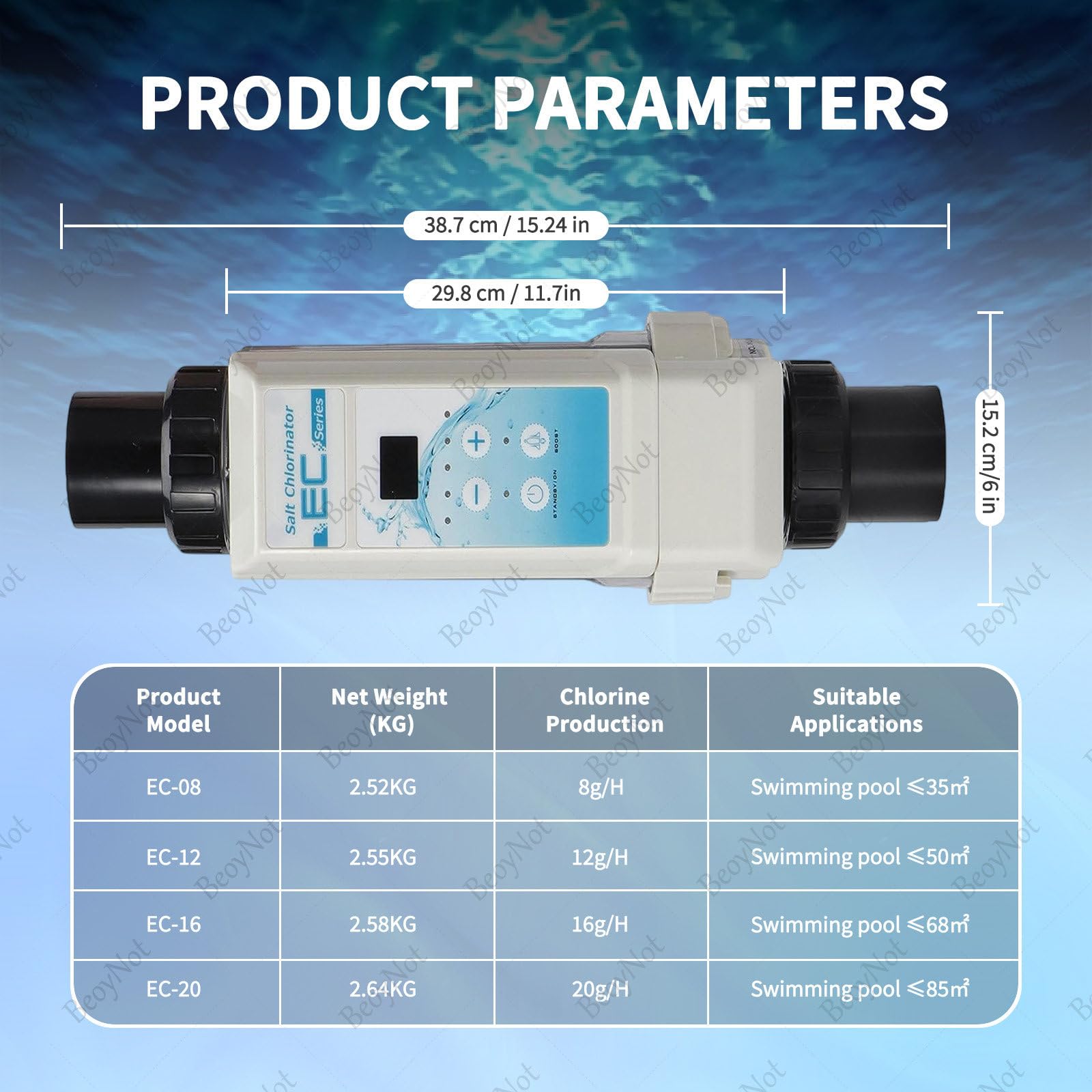 Generador de Cloro salino, con celda de Titanio, para Piscinas de hasta 35 m³/50 m³/68 m³/85 m³, Pantalla Digital y función de autolimpieza 8g/H≤35m³