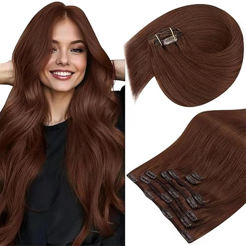 Sunny Hair - Extensiones de clip de cabello humano real, color caoba oscuro - 18 pulgadas, 4.23 onzas