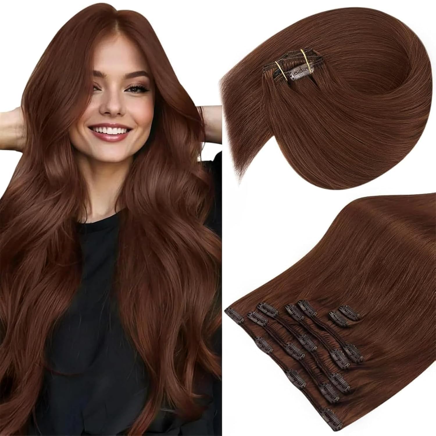 Sunny Hair Clip in Hair Extensions Real Human Hair 120g Remy Hair Clip in Extensions for Women Human Hair Extensions Medium Manogany Brown 18 Inch