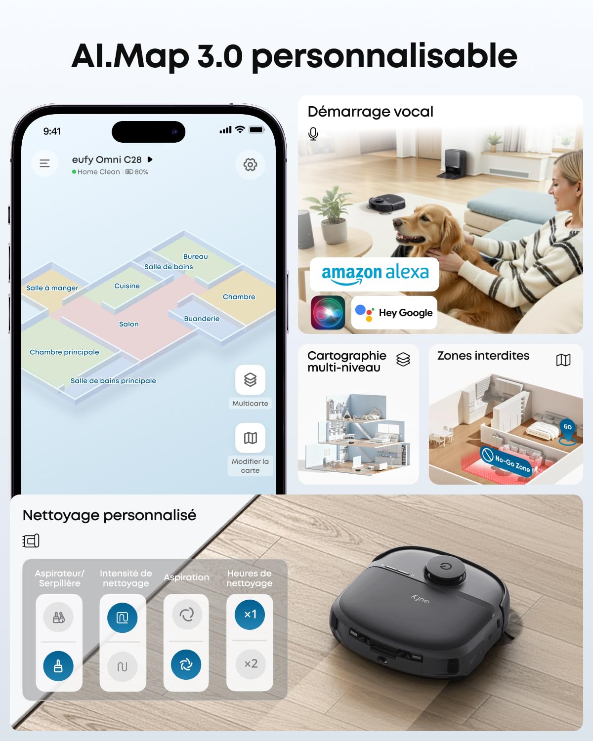 Robot aspirateur Laveur eufy C28 | Rouleau-serpillère HydroJet autonettoyant, 15 000 Pa, combo 5-en-1, conception anti-nœud, évitement des obstacles par IA