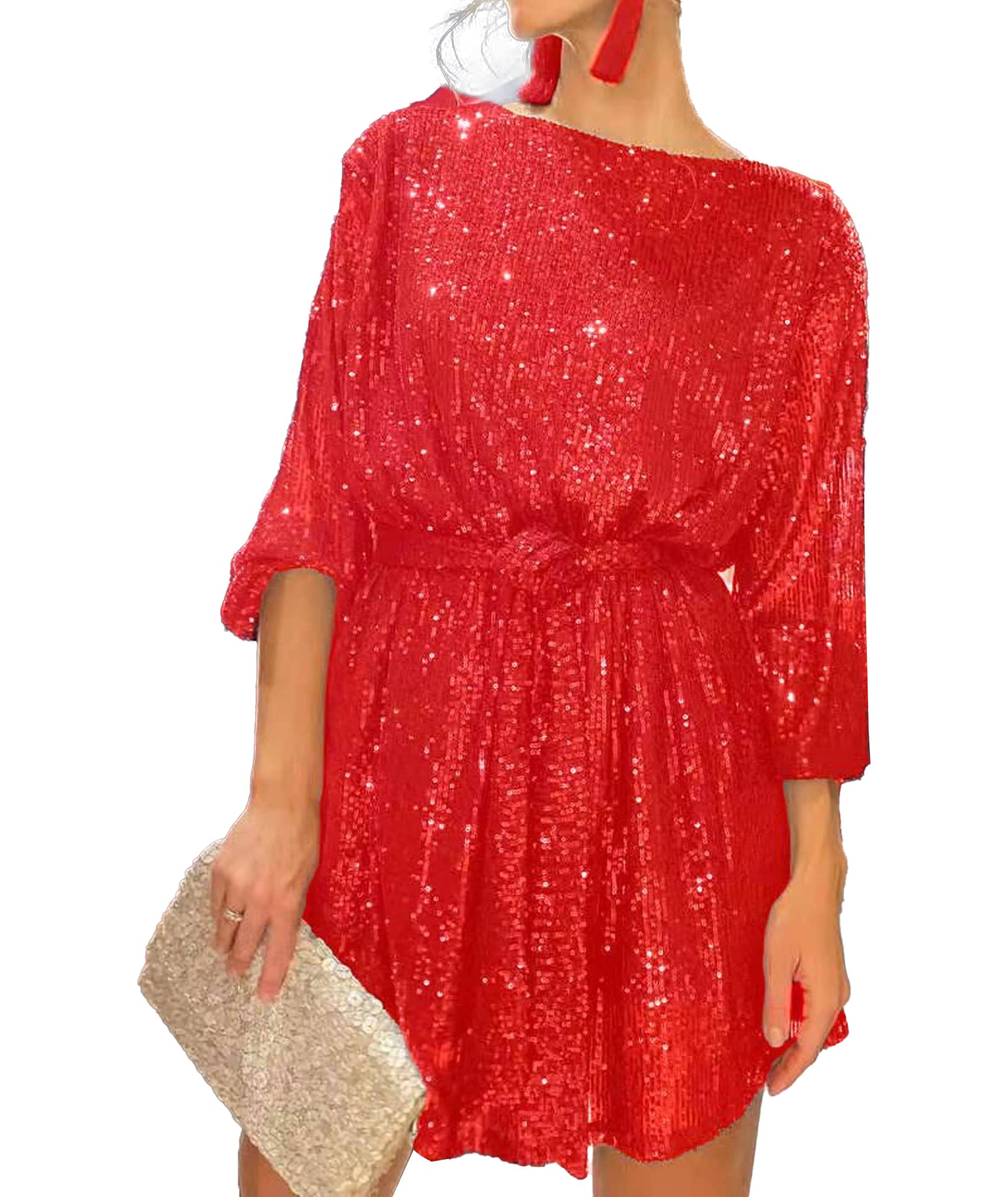 SEMATOMALA Women's Sequin Sparkly Loose Fit Belted Mini Dress Long Sleeve Crewneck Party Evening Glitter Short Dress