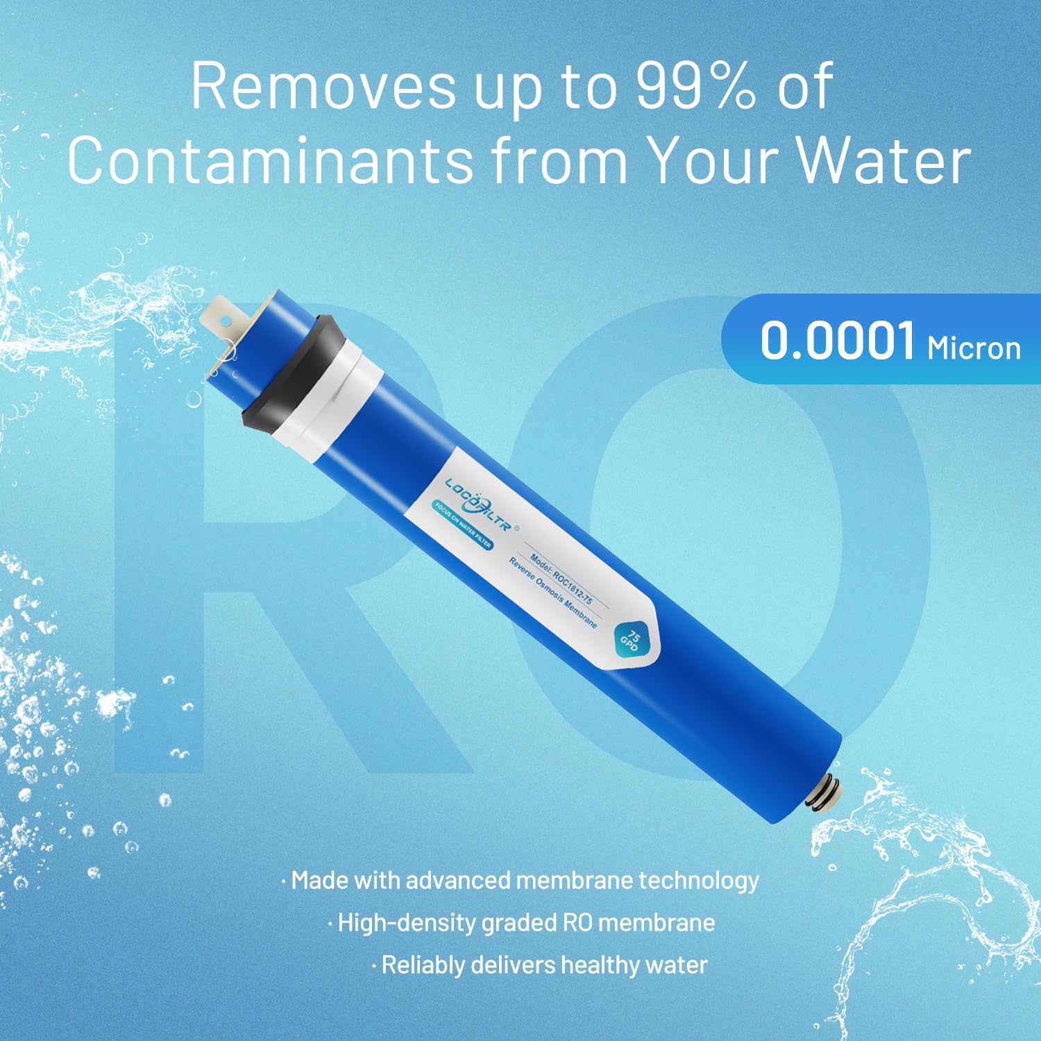 Reemplazo de filtro de membrana RO de 75 GPD, elemento de membrana de ósmosis inversa universal de 11.75 x 1.75 pulgadas para sistema de filtración de agua potable bajo fregadero residencial