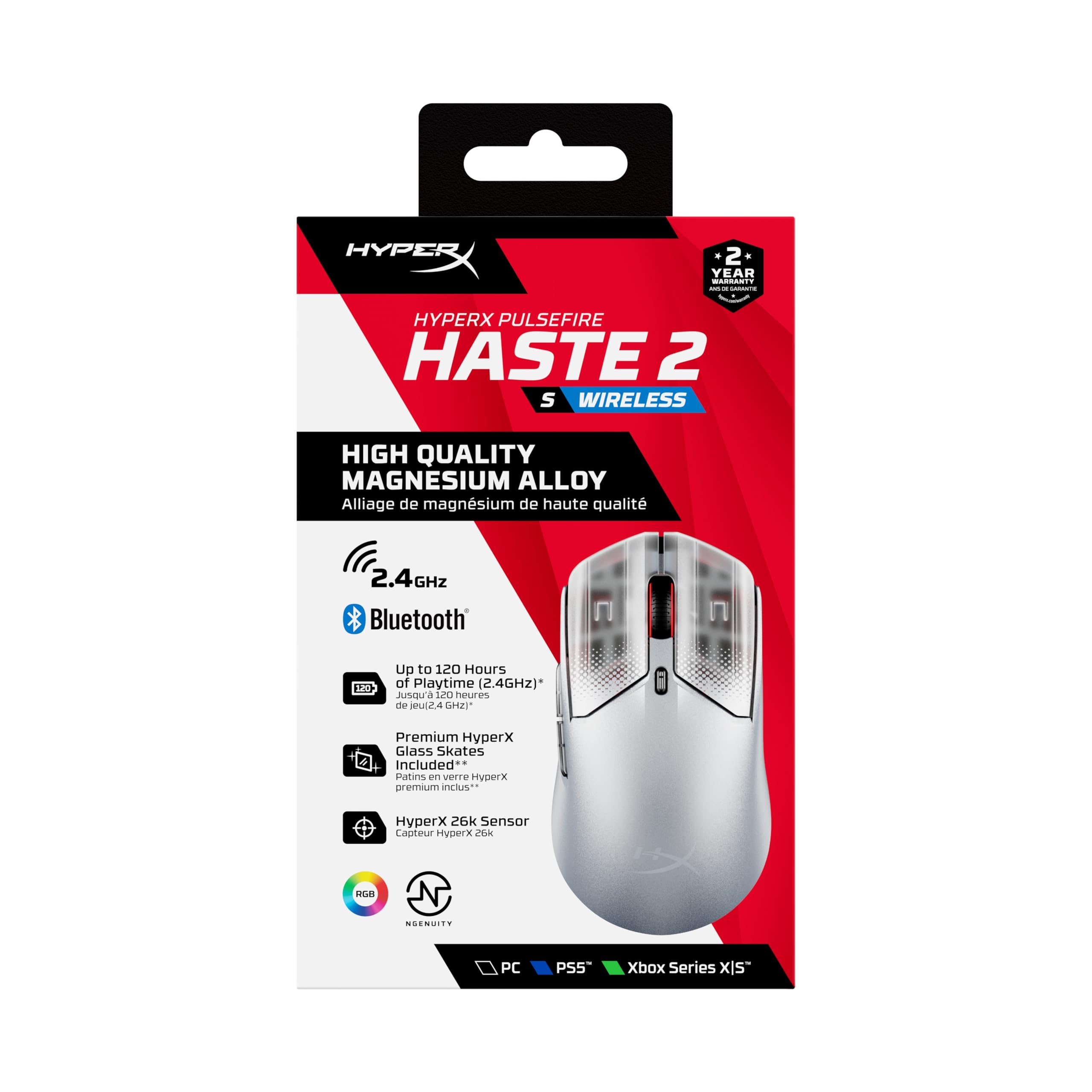 HyperX Pulsefire Haste 2 S Wireless, Souris Gaming sans Fil Ultra Légère 64 g, Coque en Alliage de Magnésium, Capteur HyperX 26K Jusqu’à 26 000 DPI, Autonomie Jusqu’à 120h, Patins en Verre, Gris