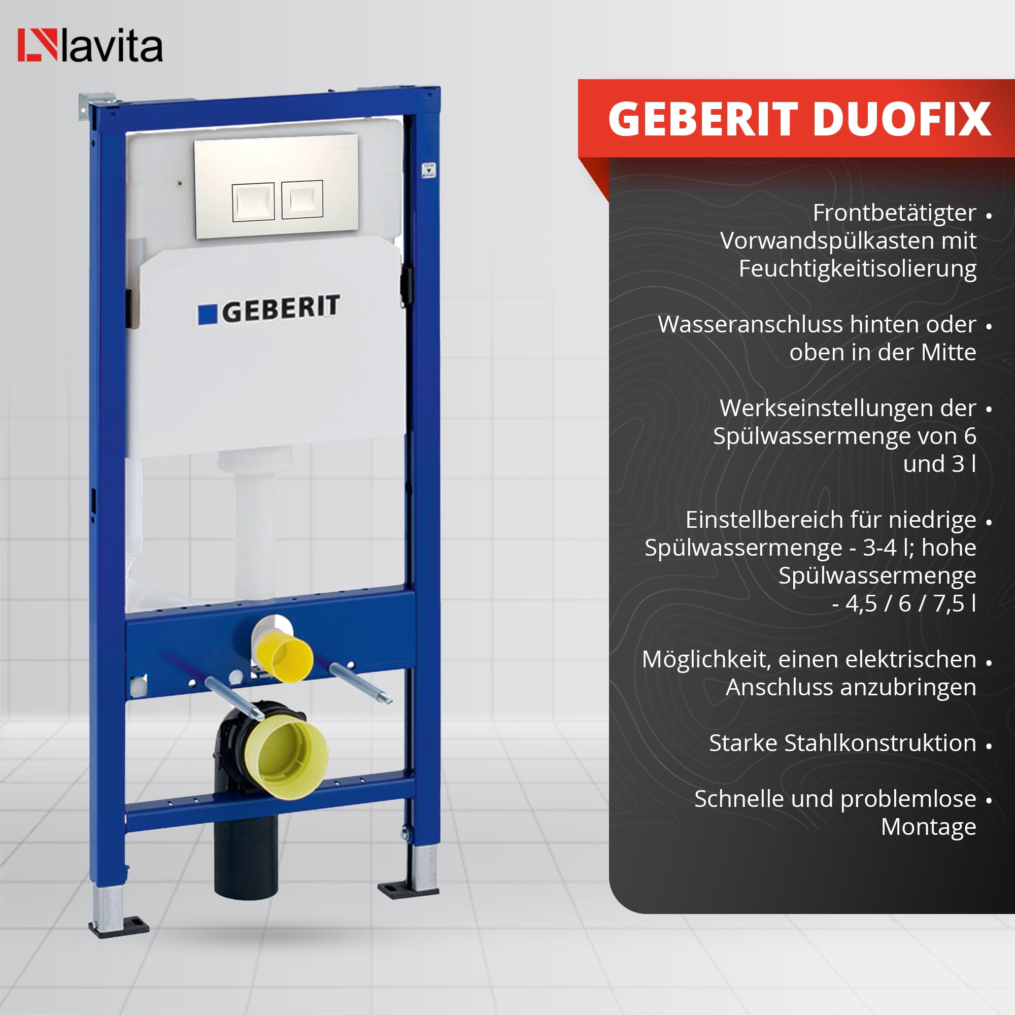 Lavita Duofix Basic Elemento de pared+Inodoro de descarga profunda Praia Blanco Sin reborde+Asiento de inodoro+Panel de control Botón blanco Juego completo Cisterna empotrada Juego completo WC
