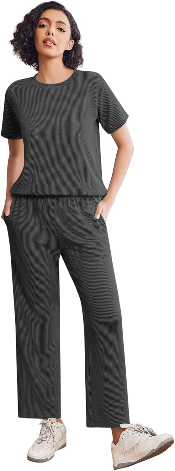 Ekouaer Lounge Sets for Women 2 Piece Matching Travel Outfits 2026 Loose Short Sleeve Top Wide Leg Pants Pockets - Image 5