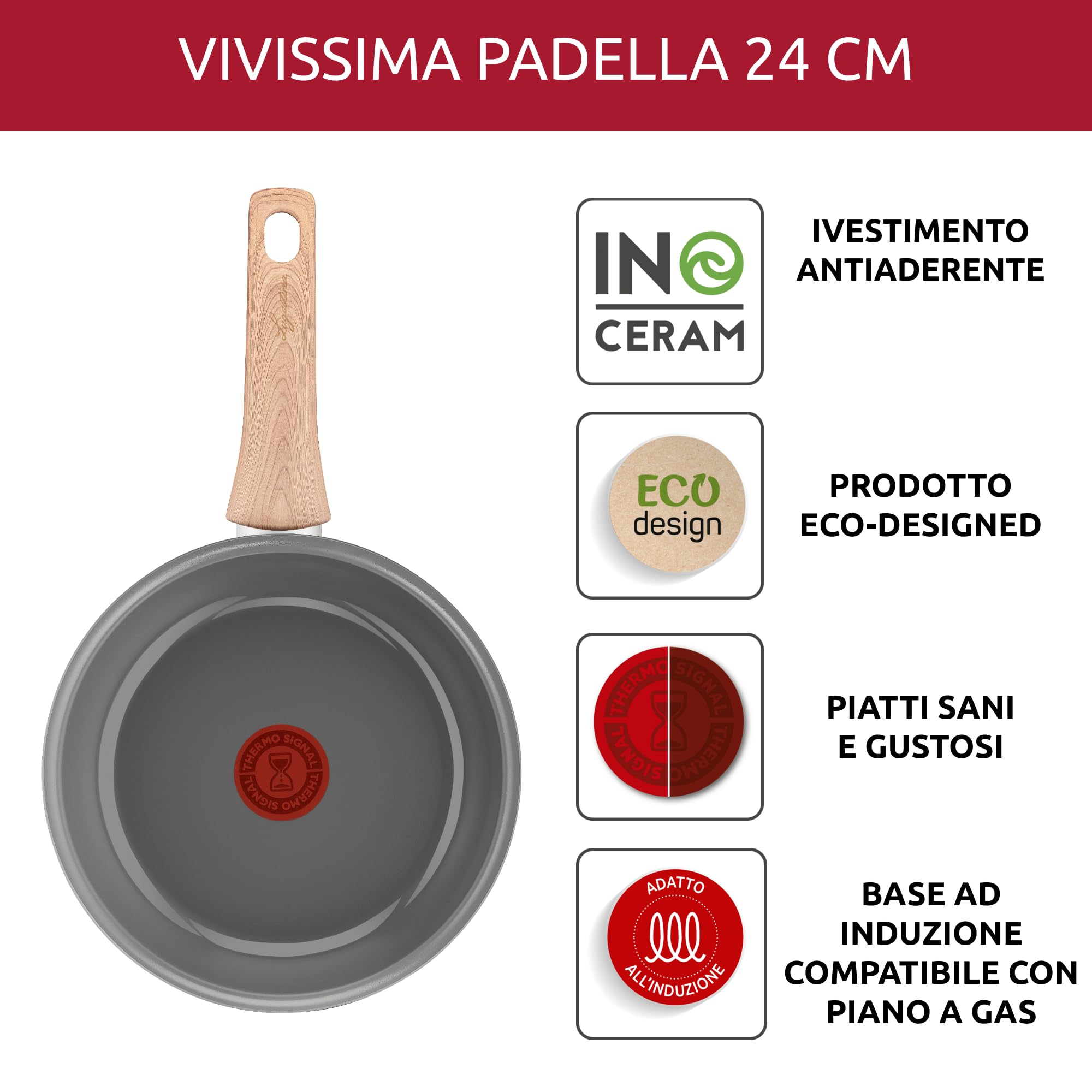 Lagostina Vivissima, Padella Antiaderente 24 cm con Manico Lungo, Rivestimento in Ceramica, Riscaldamento Rapido e Cottura Uniforme, Adatto a Tutte le Fonti di Calore Inclusa Induzione