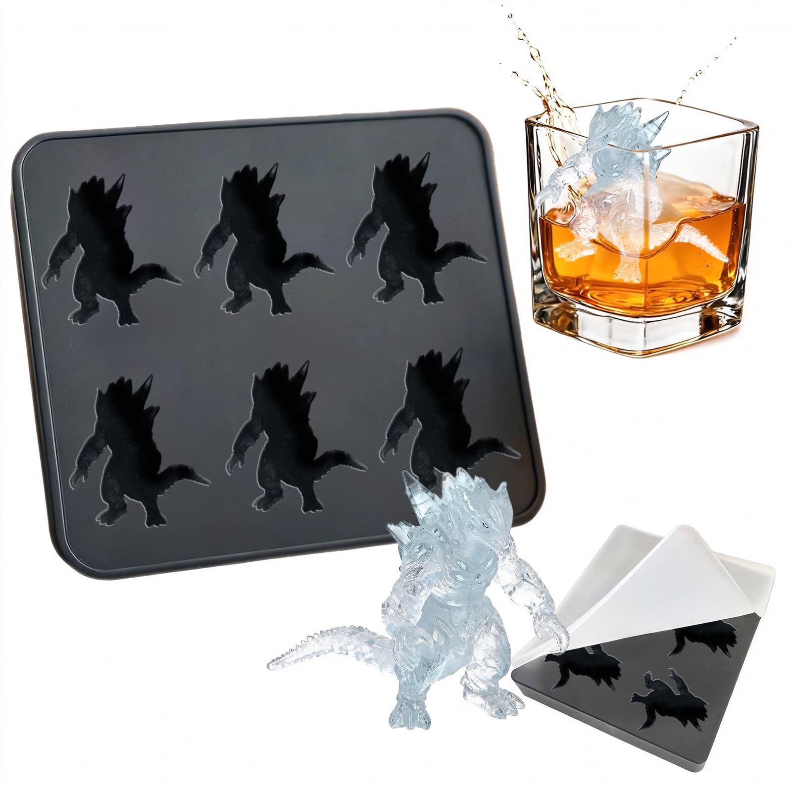 Ice Cube Moulds, 3D Godzilla ICES Cubes Tray, Novelty Easy Release Silicone for Cocktails Whiskey Gifts for Men Party Drinks with Lid