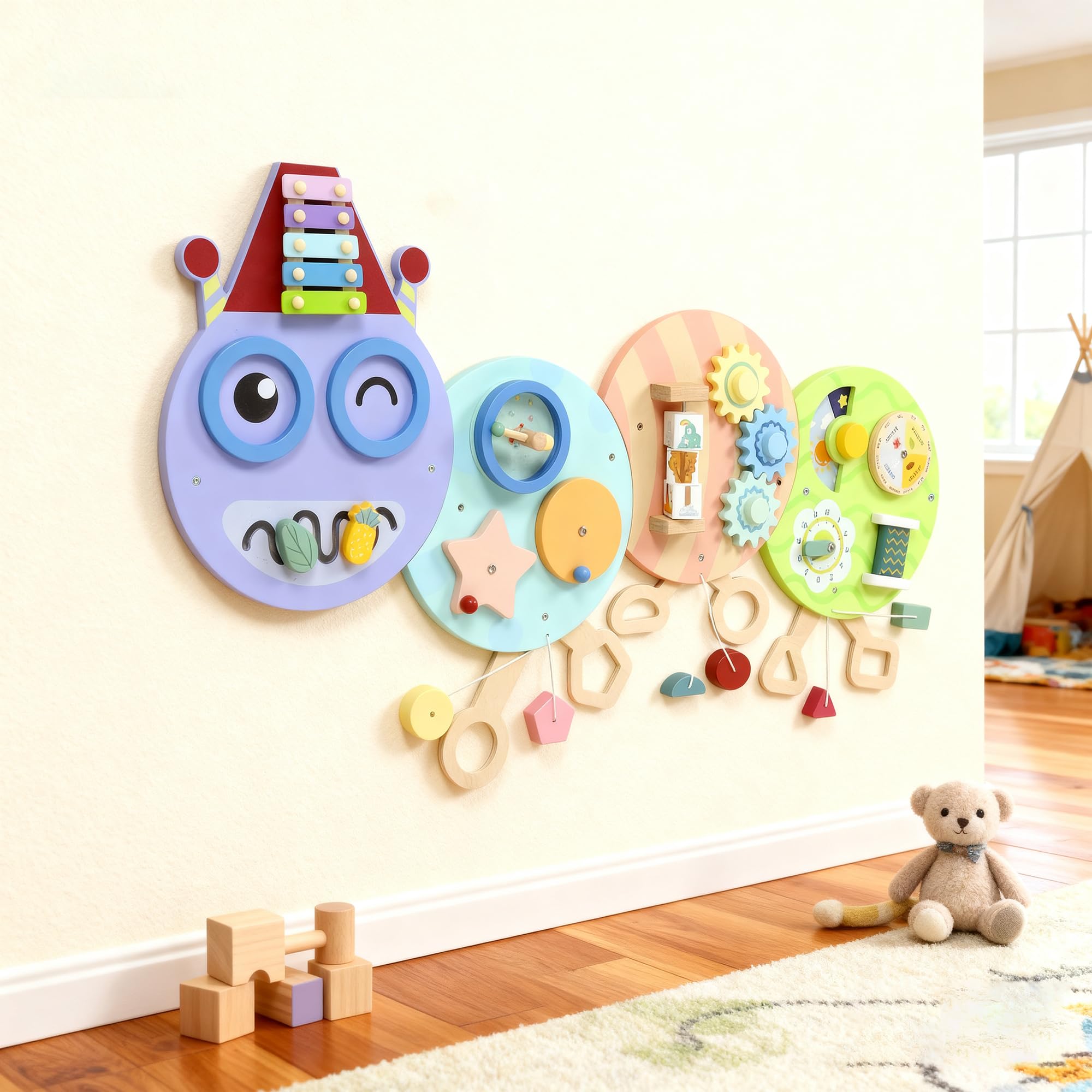 AIYAPLAY Caterpillar Montessori Busy Board zabawka sensoryczna tablica aktywności, ściana aktywności, centrum nauki, deska zajęcia, zabawka ścienna, prezent dla chłopców i dziewczynek od 3 lat