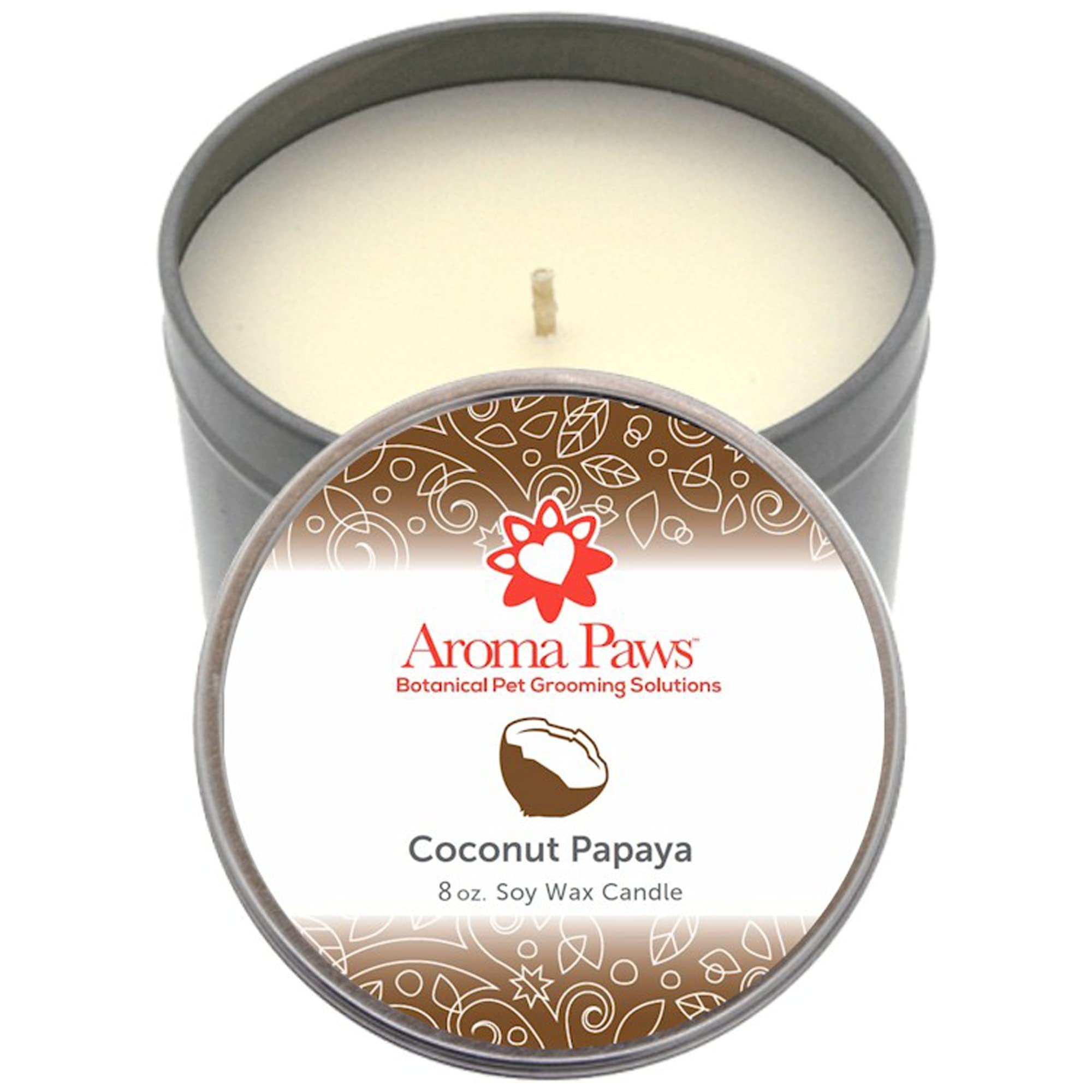 Aroma PawsScented Candle in Tin - Handcrafted Aromatherapy Candle for Pets - Pet-Friendly Soy Candle - Burns up to 60 Hours - Coconut Papaya - 8 Ounce