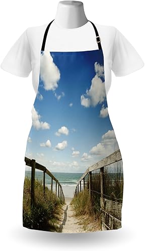 Miniatura 2 de Lunarable Beach Apron, Sandy Path Leads to Ocean Pacific Puffy Clouds Vacation Serene Relaxing Beach, Unisex Kitchen Bib Apron with Adjustable Neck