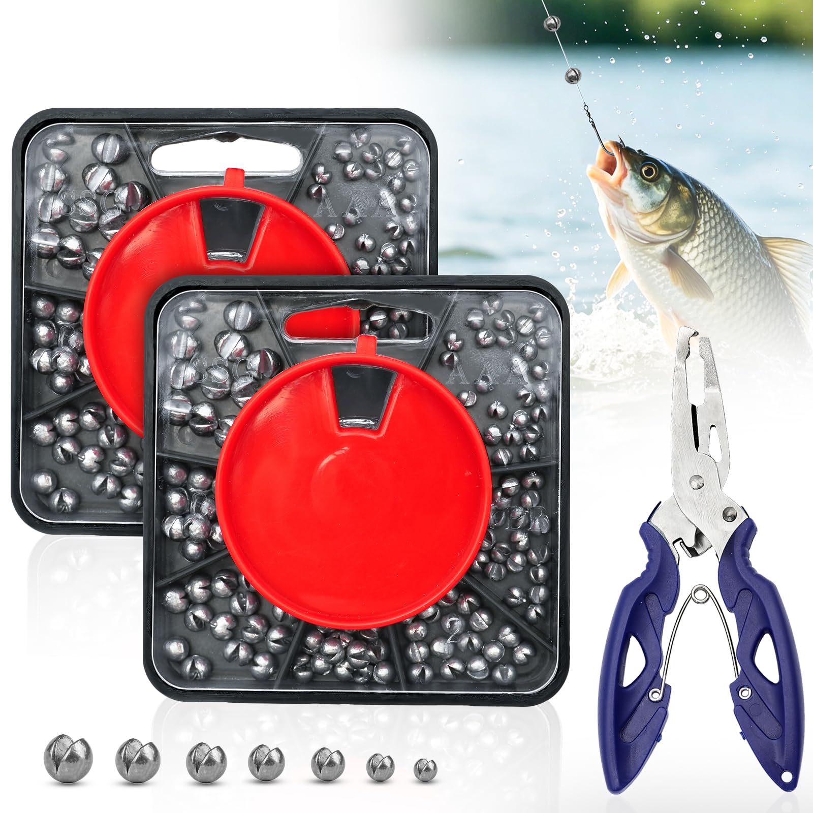 Lead Free Split Shot Fishing Weights, 2 x 120g Boxes Soft Metal Shot Dispenser with Fishing Pliers, 7 Sizes Sinkers for Coarse Carp Float Freshwater and Sea Fishing