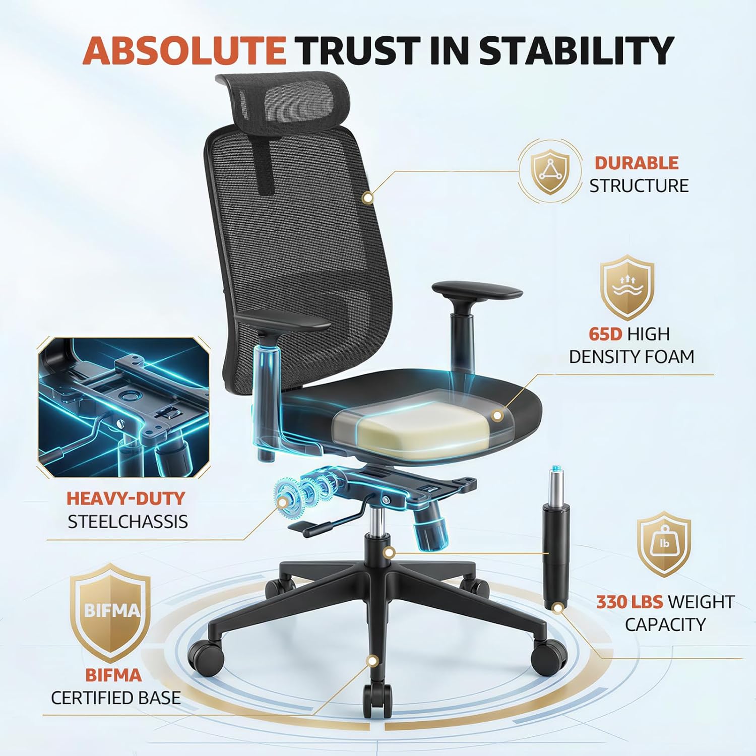 Ergonomic Office Chair Mesh Chair,Home Office Desk Chairs with Adjustable Lumbar Support, Comfortable Computer Gaming Chair, Office Chair for Long Hours (Black) - Image 3