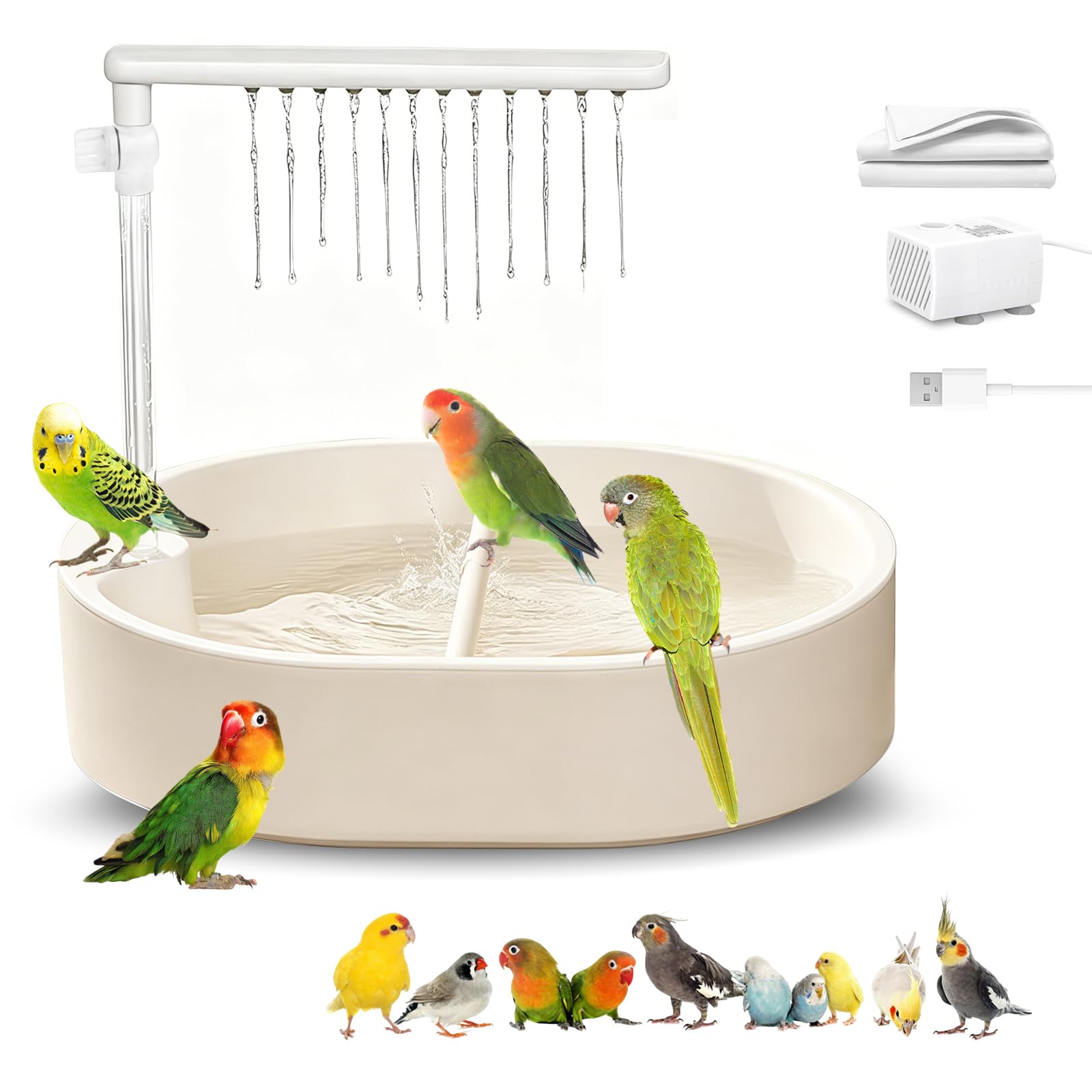 Parrot Vogelbadewanne mit automatischer Dusche, große Vogel-Duschfontäne für den Innenbereich mit fließendem Wasser, inklusive USB-Anschluss und Pumpe, für Ziervögel, Conures, Wellensittiche (Weiß)