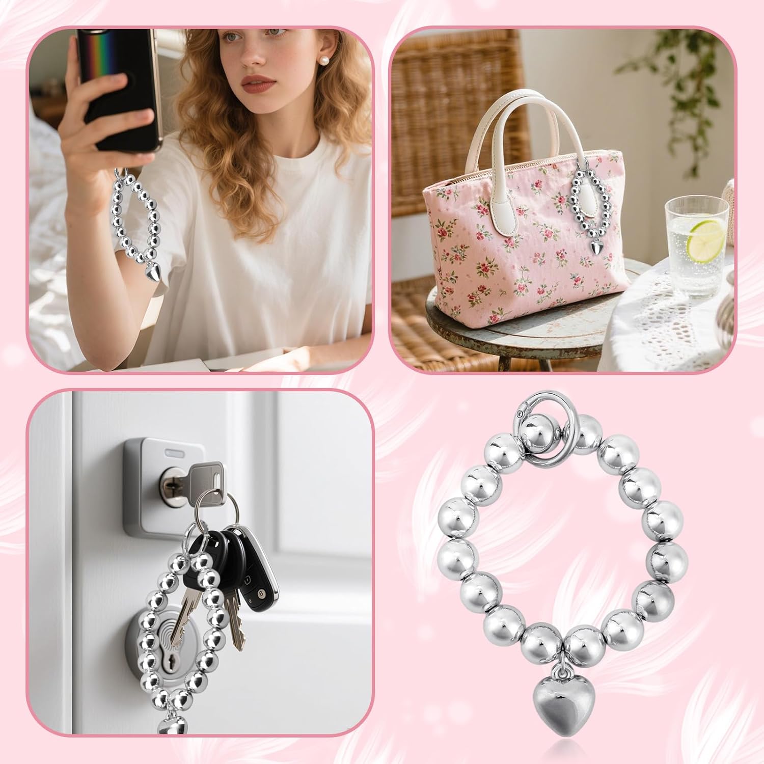 Beaded Phone Wrist Strap, Fashion Silver Beads with Heart Charm Mobile Phone Chain Bracelet Anti-Drop Detachable Cellphone Lanyard Wristband with Metal Tether Tab for Women - Image 7