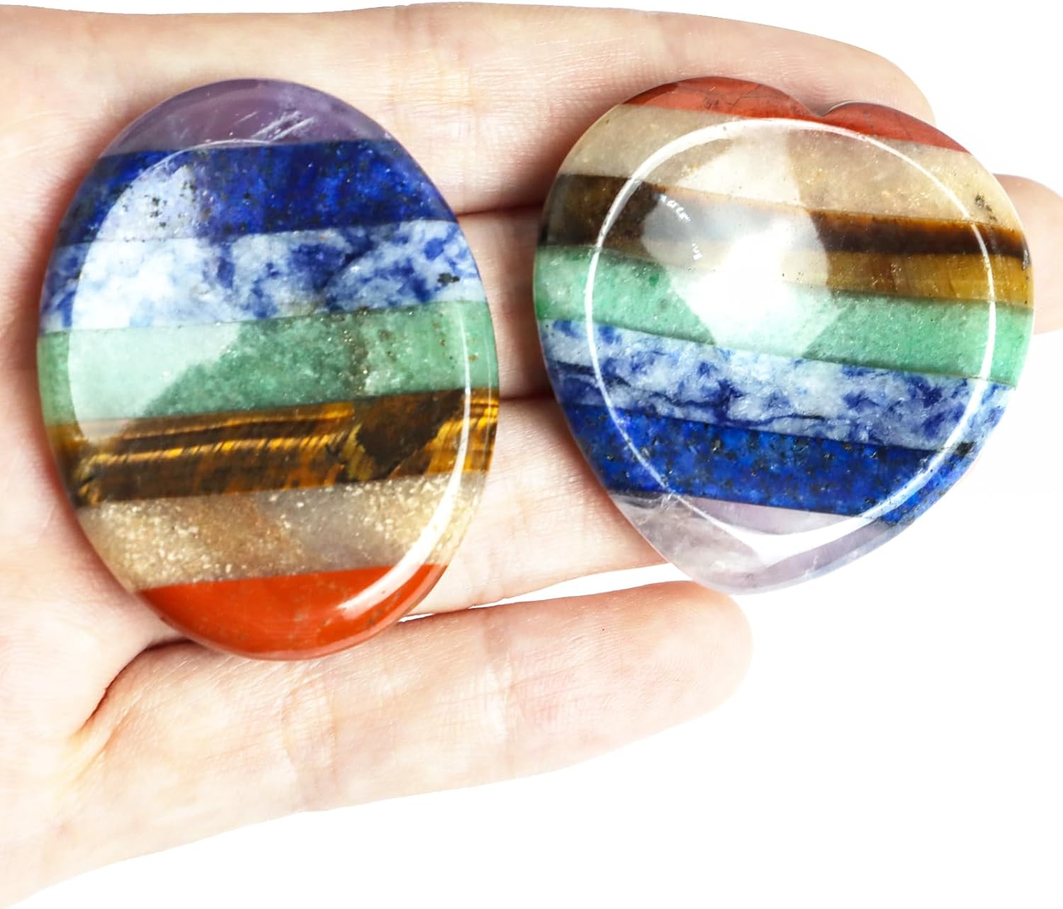 2PCS Worry Stones for Anxiety, 7 Chakra Thumb Oval Heart Crystals Healing Stones, Meditation Chakra Stones Healing Crystals, Natural Reiki Relax Palm Stone Stress Relief Gifts for Women Men