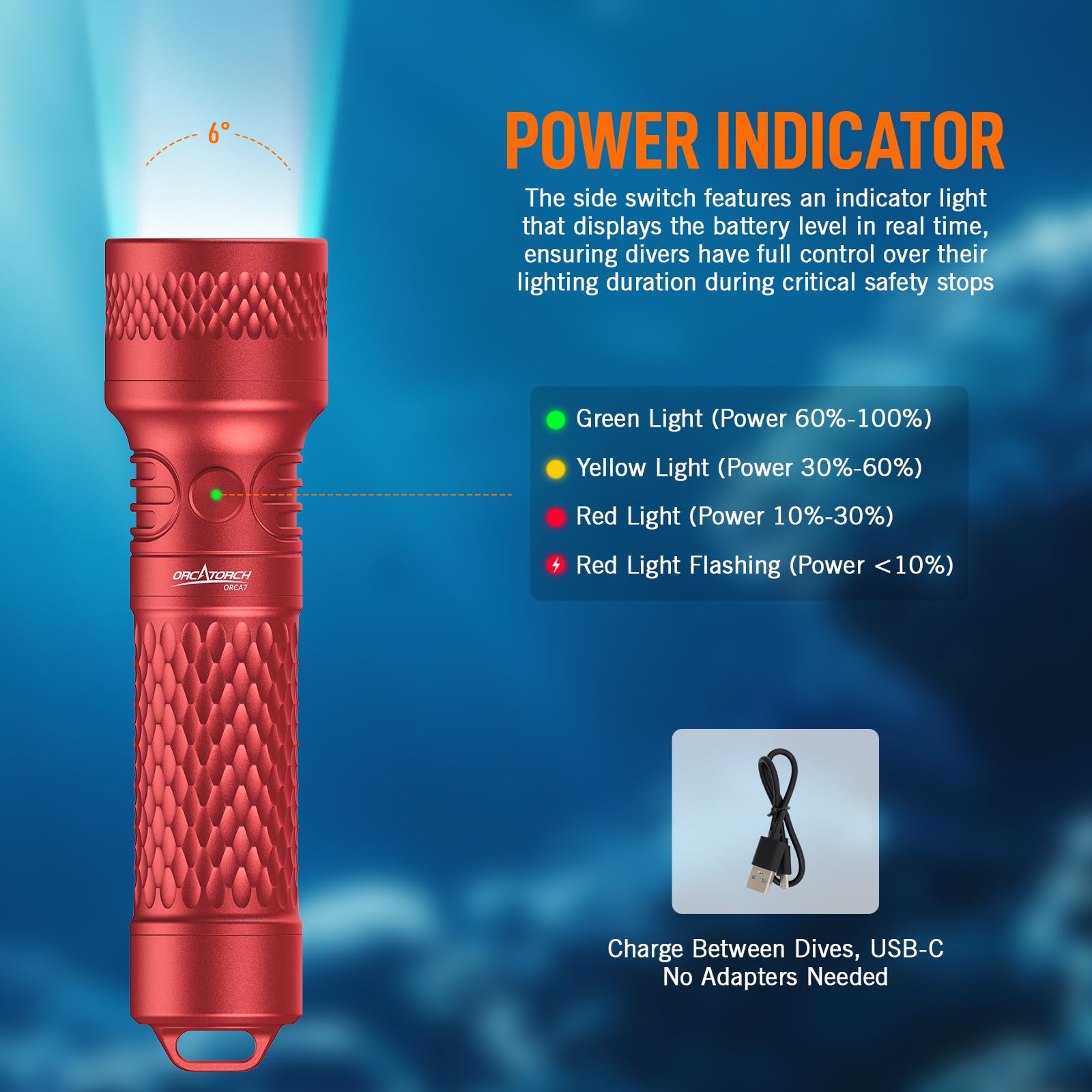 ORCATORCH ORCA7 Lampe de Plongée 3000 Lumens, Phare Sous-Marin à Faisceau Étroit 6° avec Mode SOS, Étanchéité IP68 150m pour Plongée de Nuit, Spéléologie et Plongée Technique (Rouge)