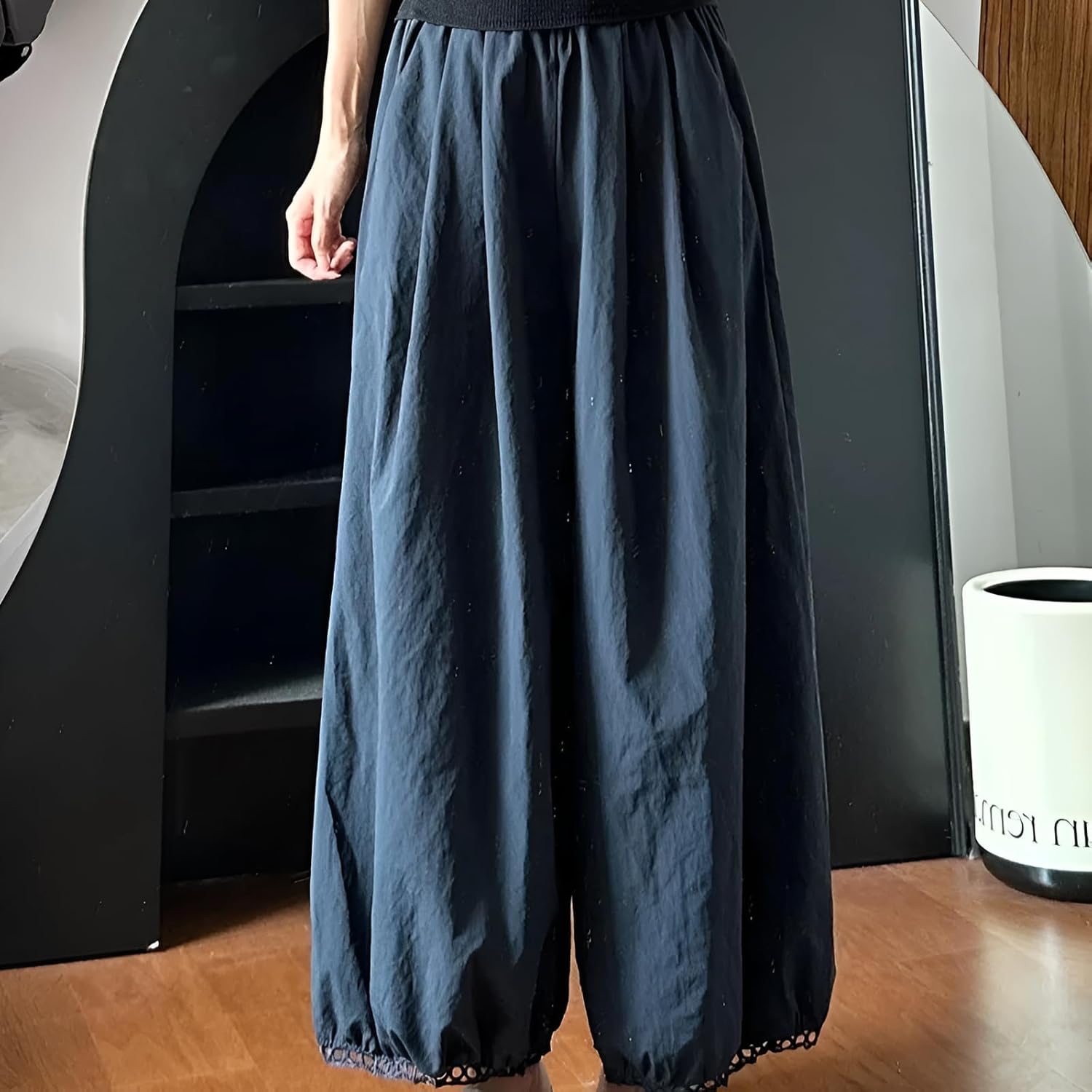 [Caividom] 小柄九分 夏用ルパンツ ボルドットプリント 立体裁断 リシルエット 通勤~花火大会対応 吸湿発散素材ワイドパン