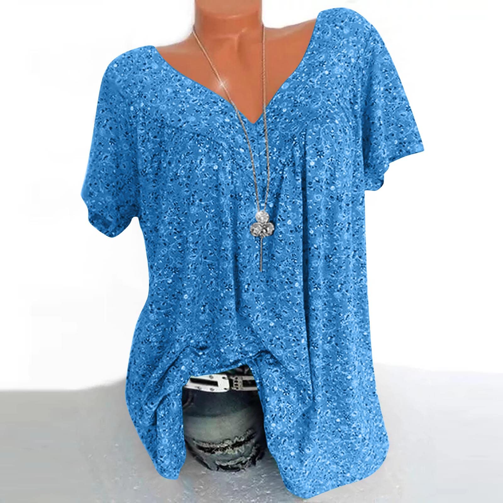 Top da donna elegante in pizzo, cuciture con scollo a V, camicetta a maniche corte, maglietta estiva, comoda, con stampa floreale, maglione per adolescenti, ragazze, camicette da donna
