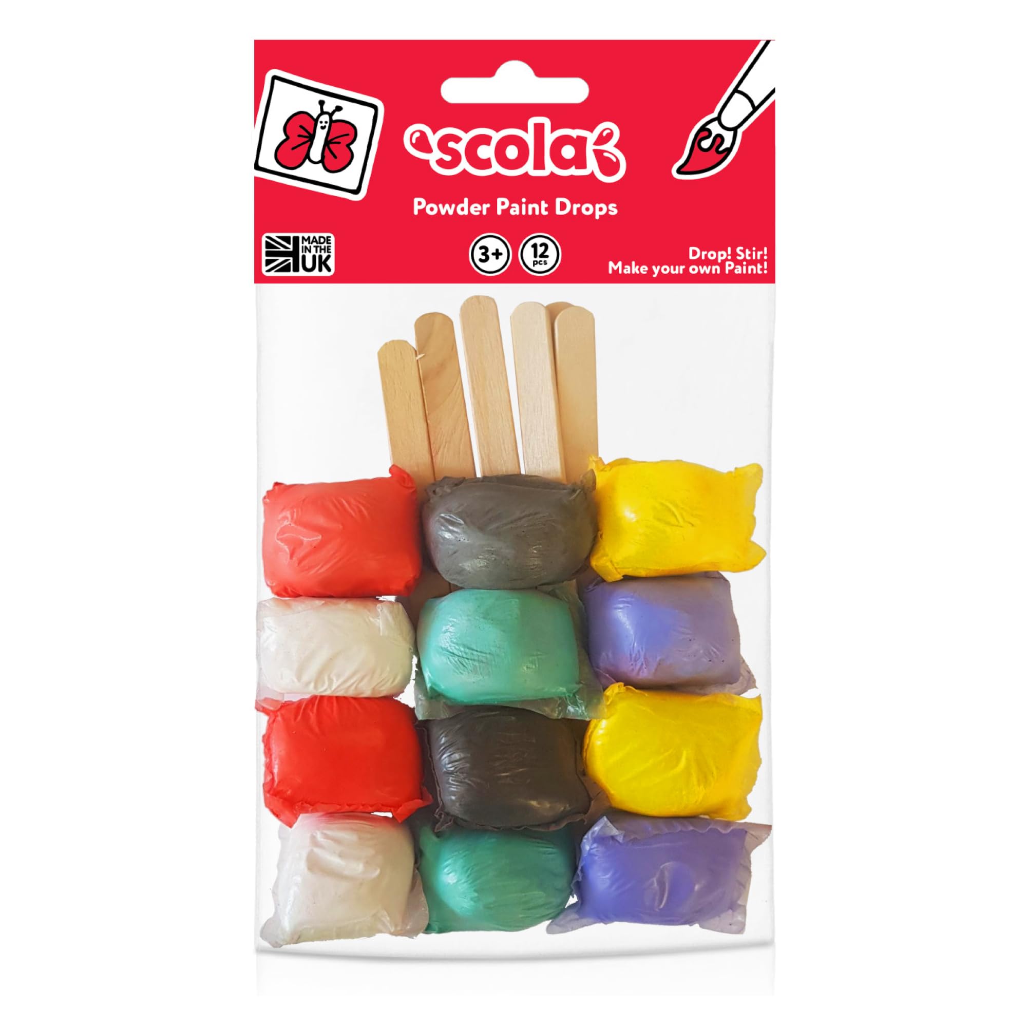 Scola Powder Colour Paints Drops, 12 Assorted Colours, Create Your Own Paint, Craft Projects, Sponge Painting, Finger Painting for Children