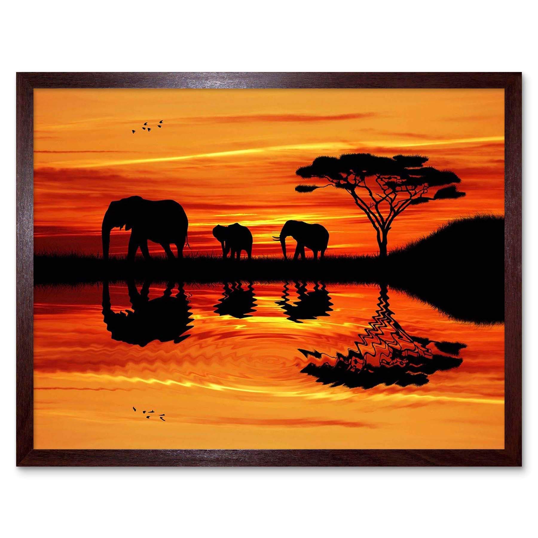 Wee Blue Coo Photo Composition African Elephant Silhouette Sunset Art Print Framed Poster Wall Decor 12X16 Inch