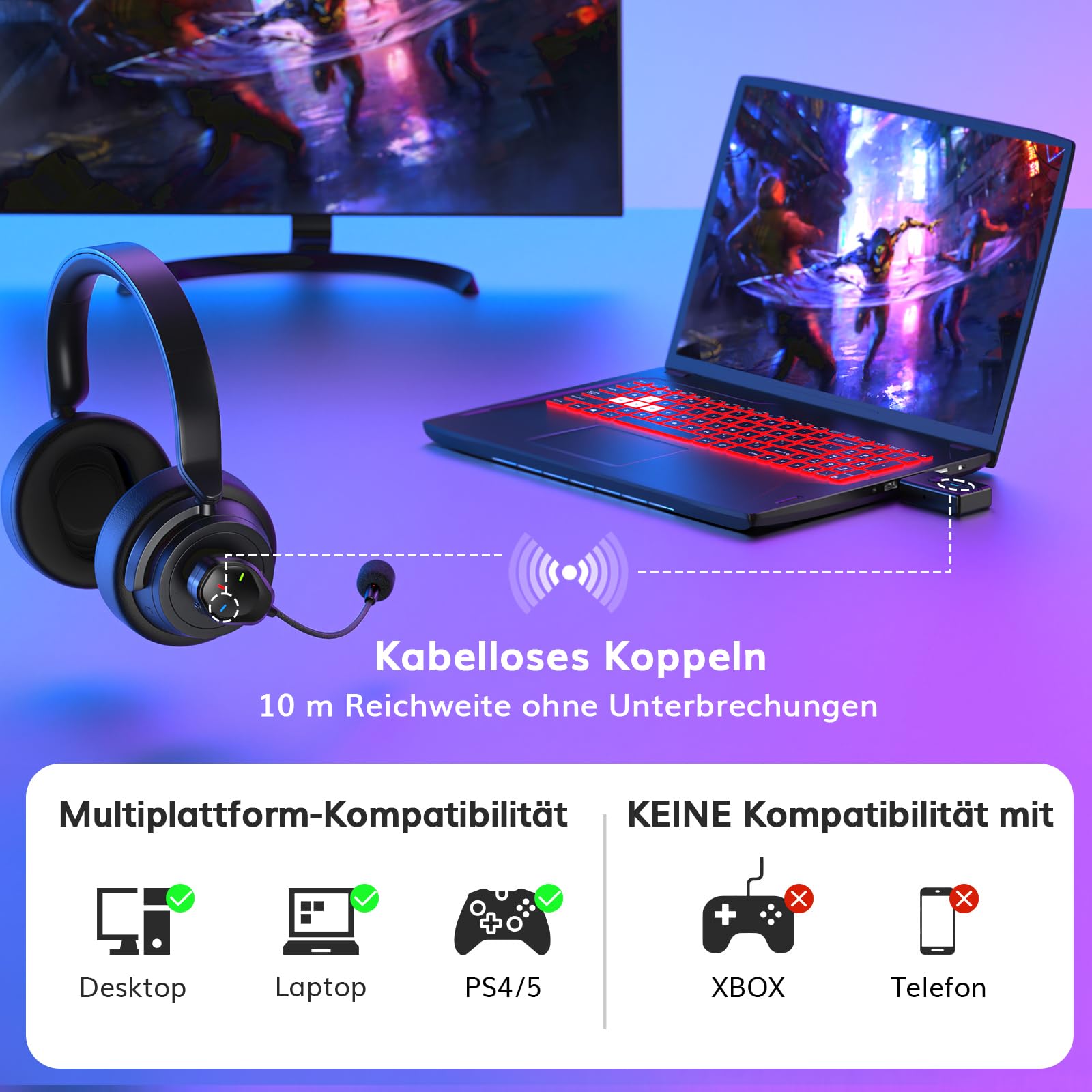 TONOR Kabellos ModMic Kompatibel mit PS4/PS5, Rauschunterdrückung/EIN-klick-Mute/USB-Aufladbar, Abnehmbares Magnet Mikrofon für Gaming Headsets, Boom Mic Kompatibel mit PS4, PS5, PC, Laptop, TGP1