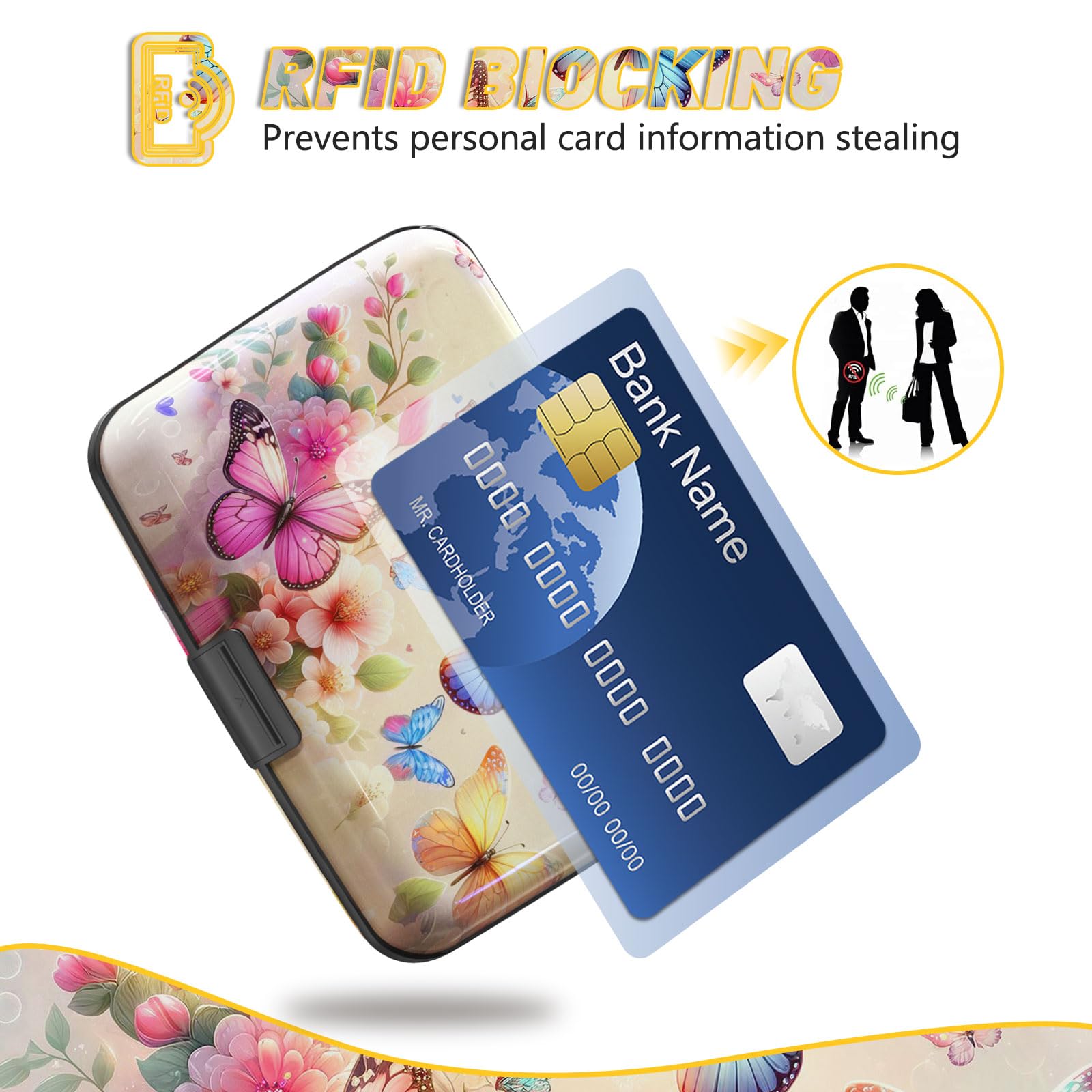 ToLuLu Porta carte di credito, mini portafoglio in alluminio piccolo RFID, blocco sottile per biglietti da visita in metallo, blocco RFID, tasca frontale, custodia rigida per uomini e donne, Farfalle