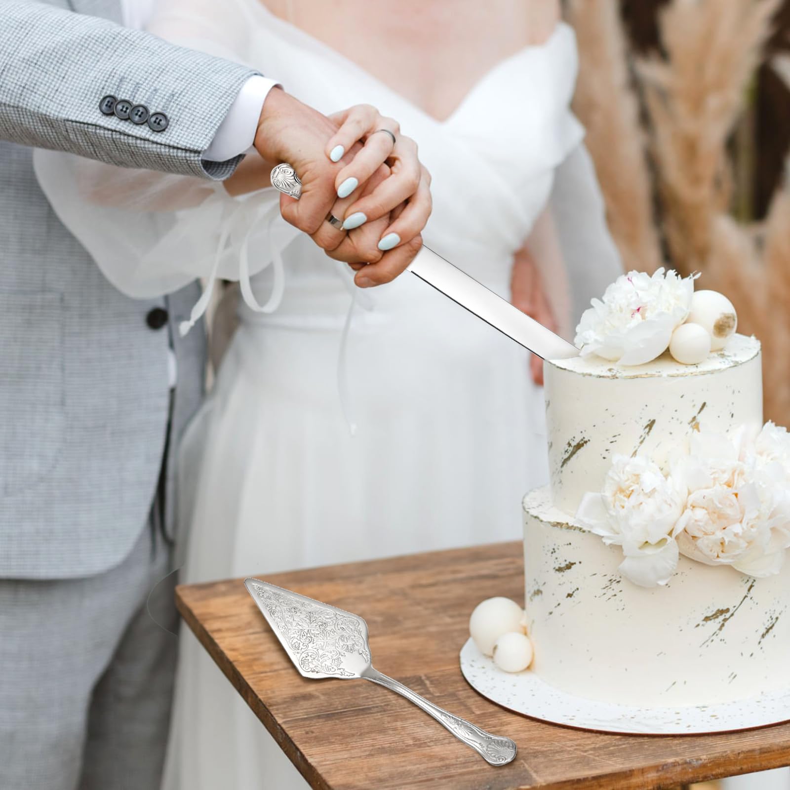 Juego de cuchillo y servidor para tartas de boda, juego de corte de pastel de boda plateado, cortador de pastel grabado de acero inoxidable para boda, compromiso, cumpleaños, aniversario,