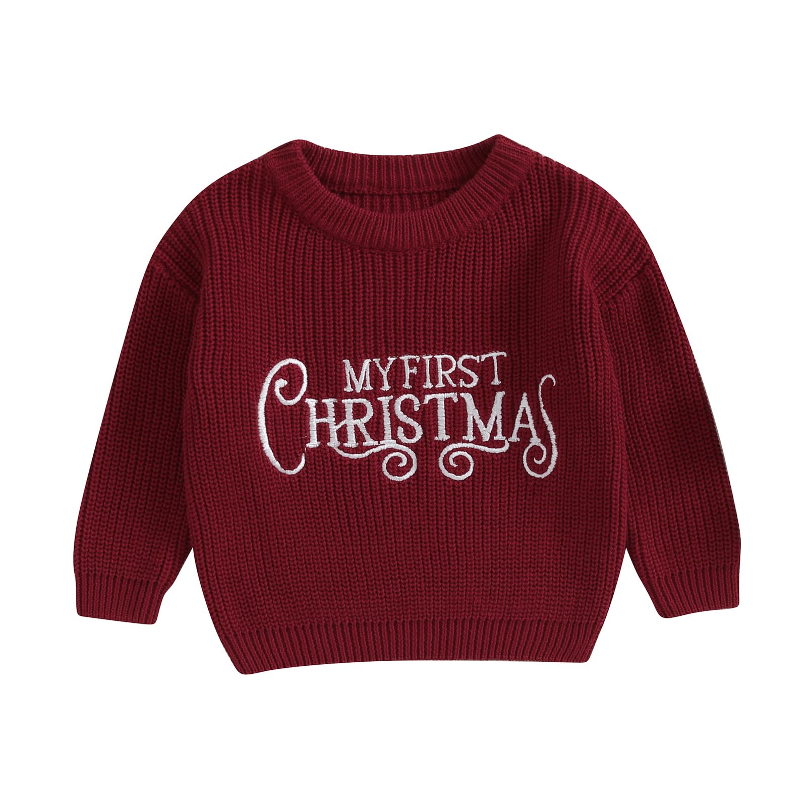 Toddler Baby Girl Boy Christmas Outfit Embroidery Crewneck Sweater Long Sleeve Knit Pullover Top Winter Clothes (Red My First Christmas, 3-6 Months)