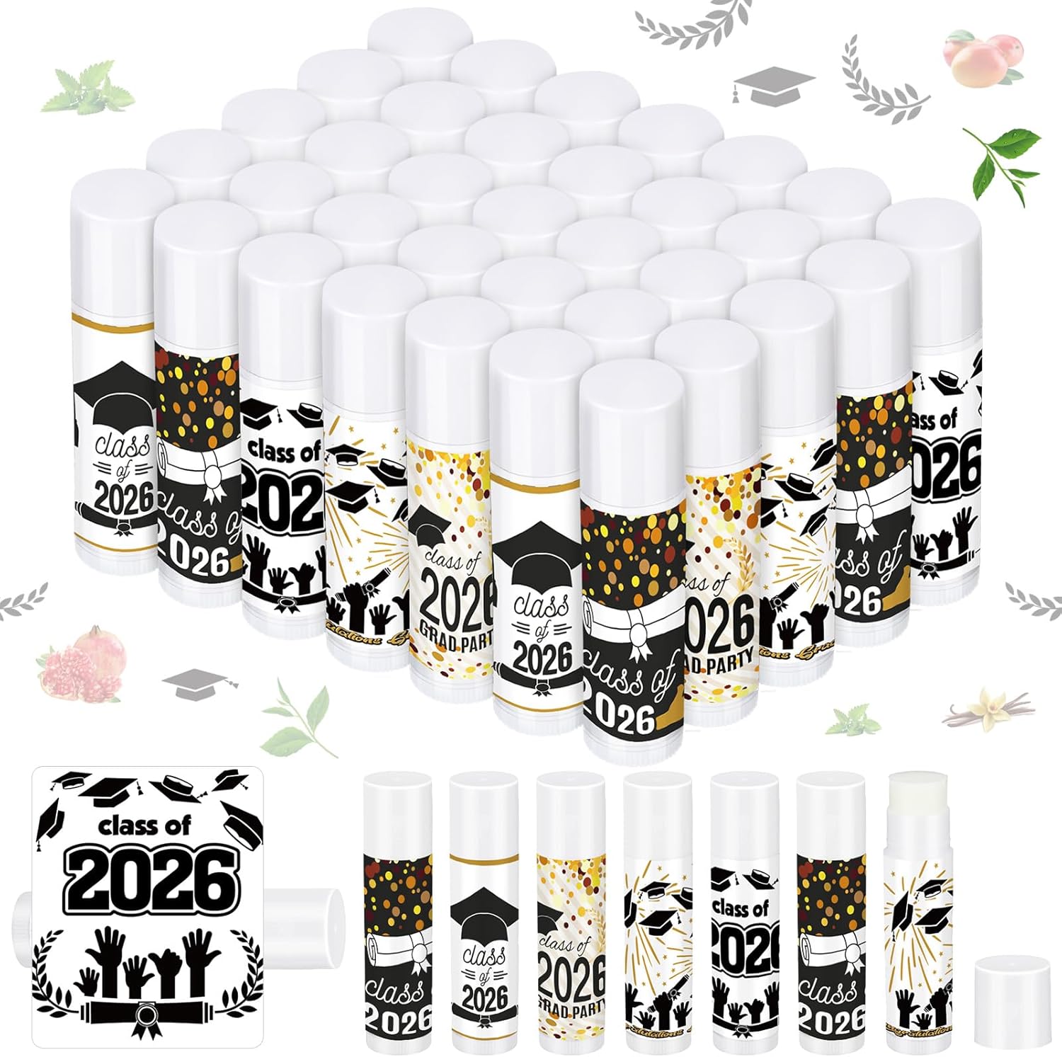 Dunzy 50 Pcs 2026 Graduation Lip Balm Bulk Gifts Graduation Party Favor Class of 2026 Lip Balm for Students High School College Classmates Celebration Party Grad Supplies(Black)
