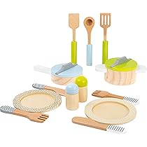 Small Foot- Set stoviglie e pentole Bambini, in Legno, 15 Pezzi, Un complemento Perfetto per Ogni Cucina da Gioco Ideale cucinetta, pz, 11098, Multicolore