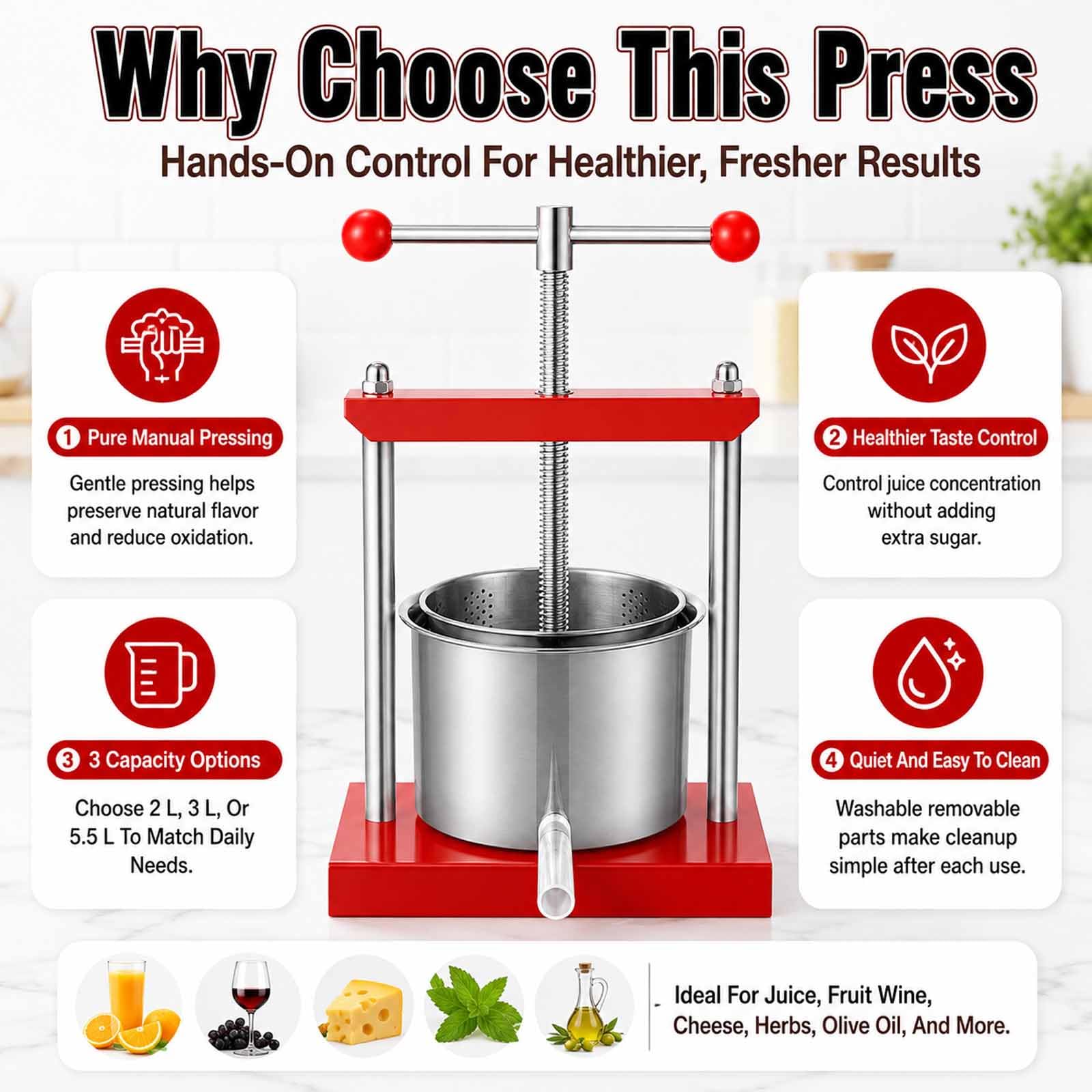 Prensa De Barriles De Acero Inoxidable, Prensa De Frutas De 2l/3l/5.5l, Mayor Rendimiento De Jugo Y Más Saludable, Prensado Manual Que Ahorra Esfuerzo Y Detalles De Base Alta Resistencia Null 3l