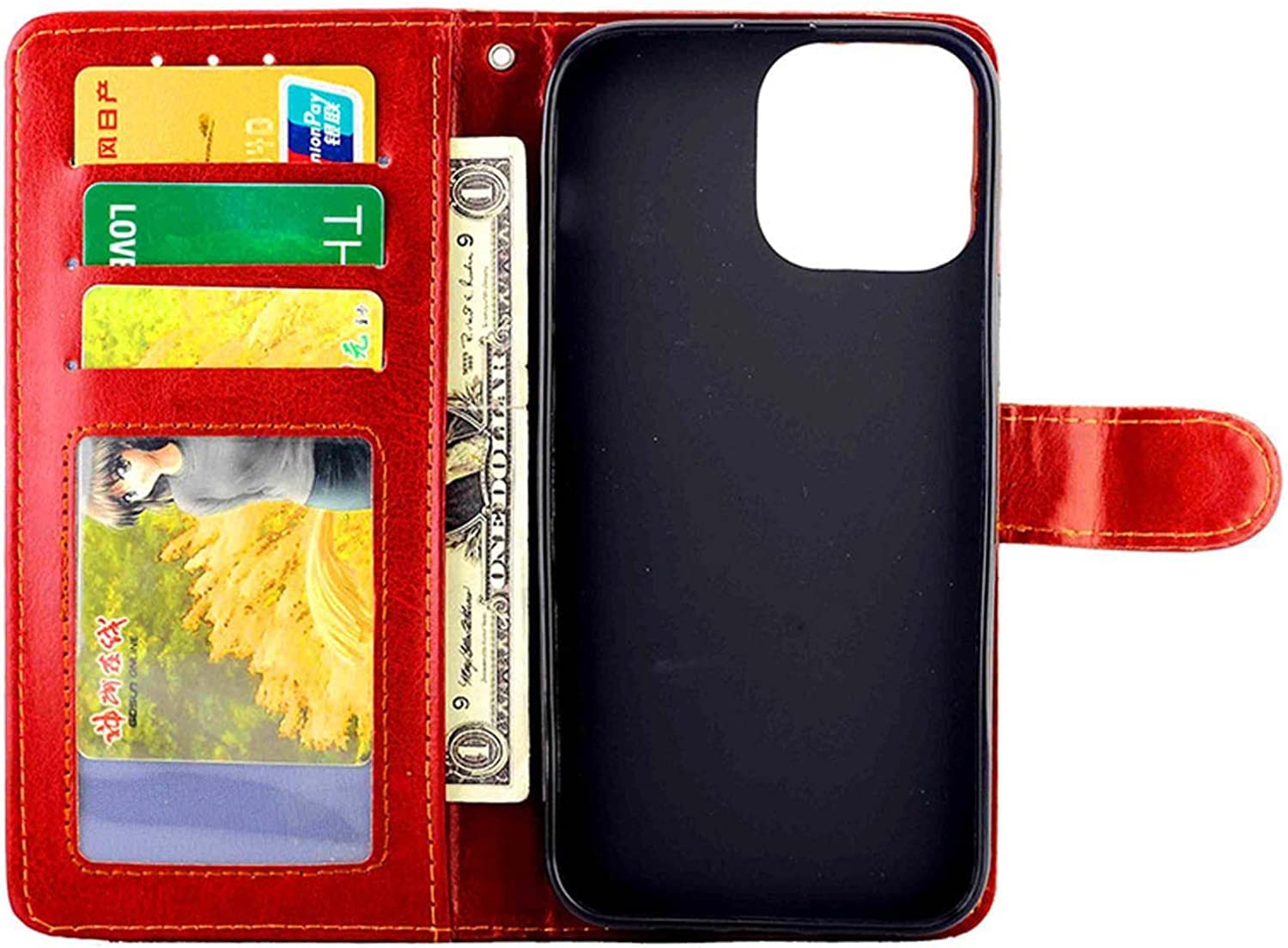 KANUZ Funda para iPhone 13/13 Mini/13 Pro/13 Pro Max, funda de cuero con ranura para tarjetas con carcasa de TPU a prueba de golpes, cierre magnético (color: rojo, tamaño: 13 mini 5.4 pulgadas)