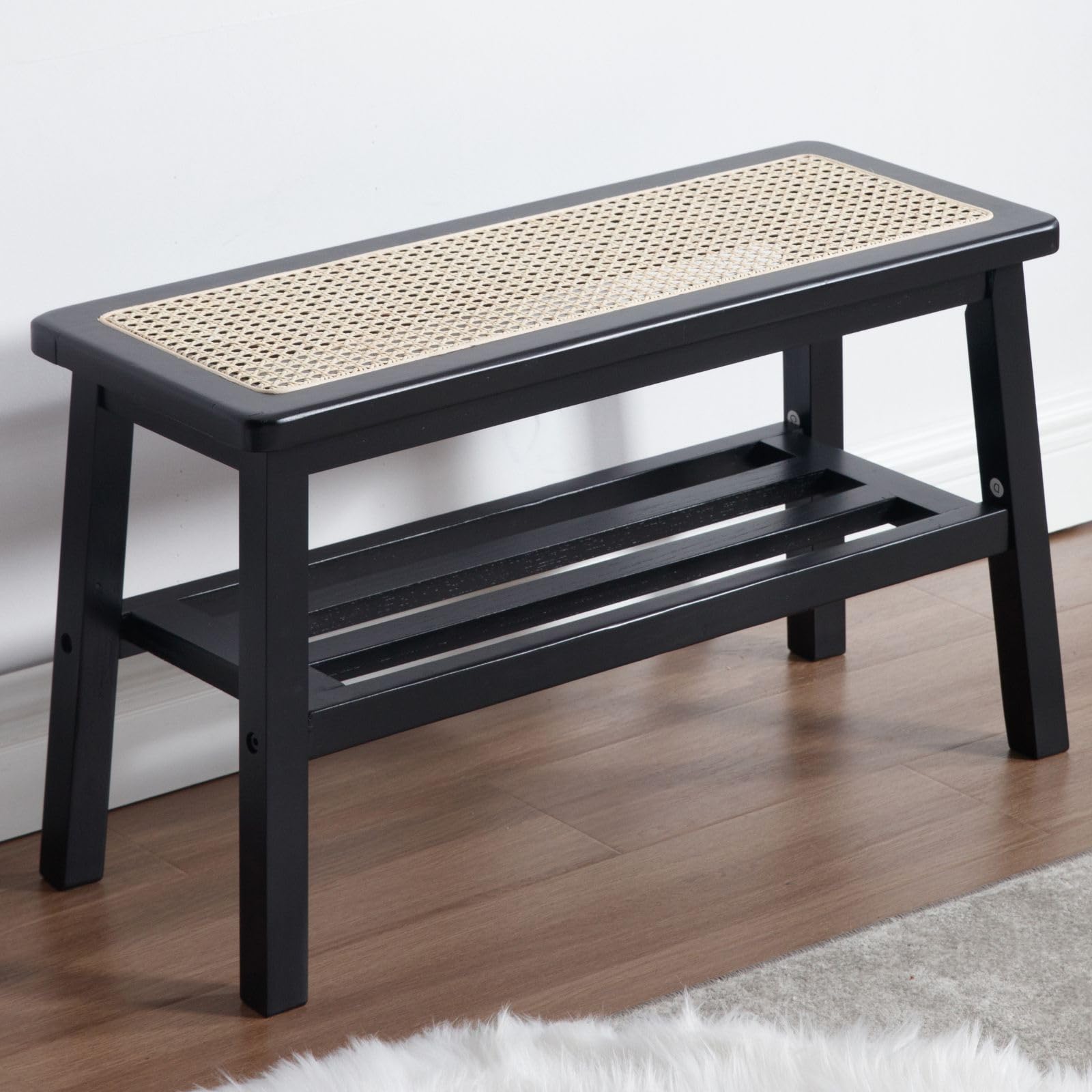 Ya-Home Banco de Cocina de Rattan, Banco Zapatero, Banco Madera Recibidor para Salon/Oficina,Negro