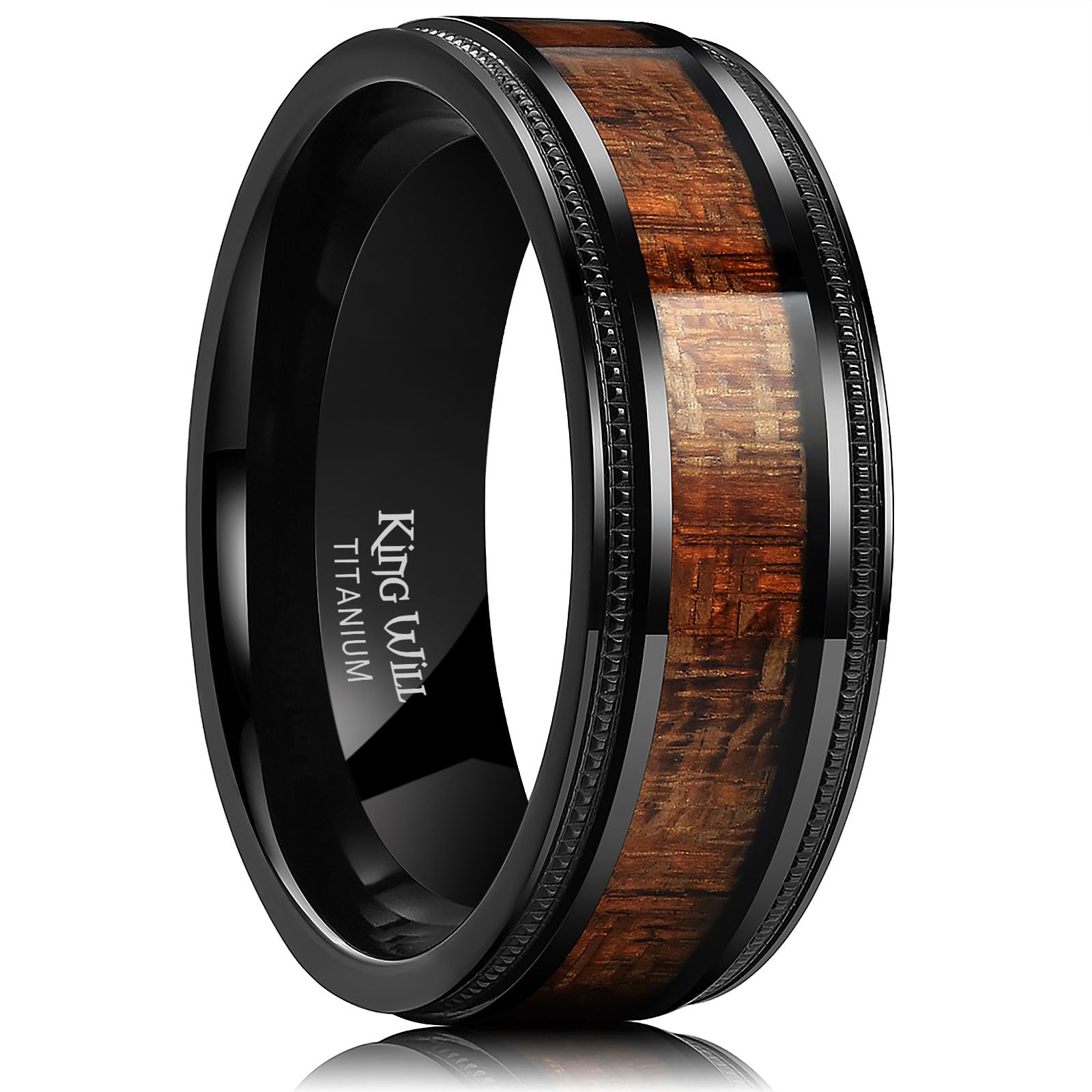 NATURE 8mm Black/Silver Titanium Ring with Wood Inlay/Wood Inner Hole Wedding Band Ring for Men