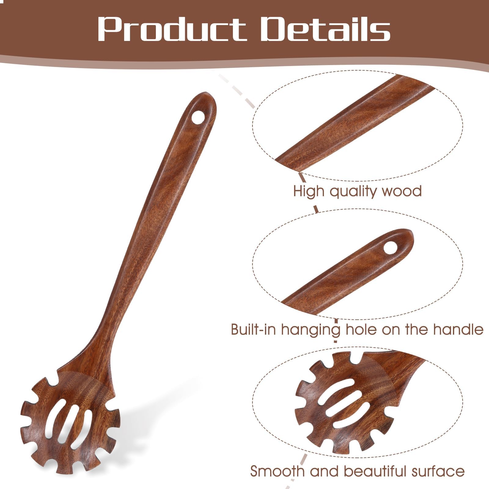 Cucchiaio Per Spaghetti In Legno Di Acacia 33 Cm - Mestolo Con Denti E Foro Per Appendere