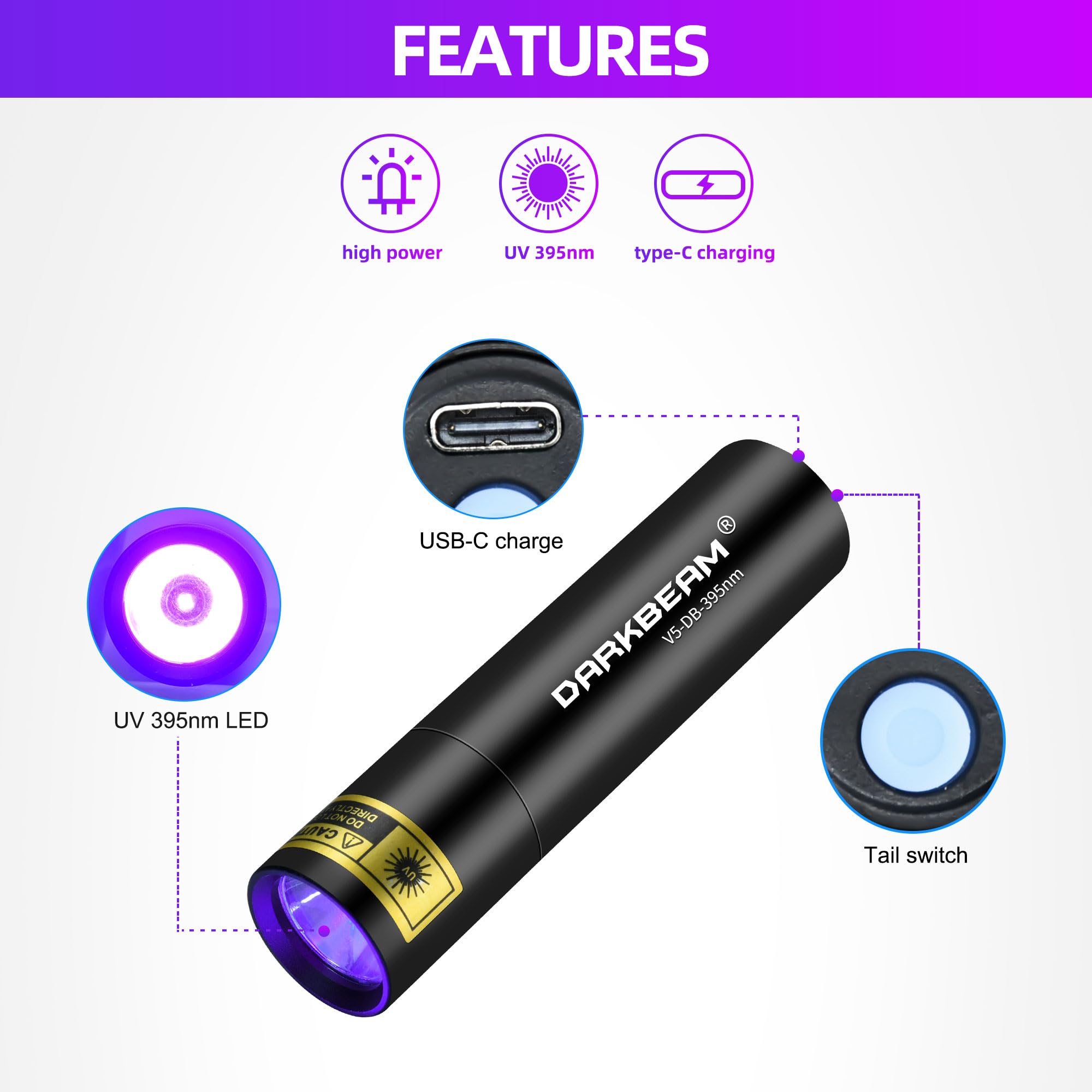 DARKBEAM Torcia UV Luce nera 395nm ultravioletta, Lampada di Wood Mini Portatile Potente Blacklight Ricaricabile USB, per Rilevare di urina animale domestico, vetro all'uranio, ambra, resina