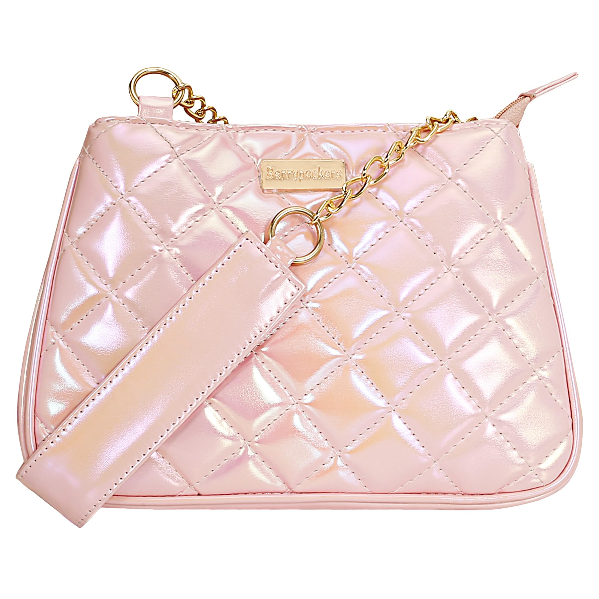 Pink Quilted Crossbody Purse, Small, PU Leather, with Chain Handle-image-43