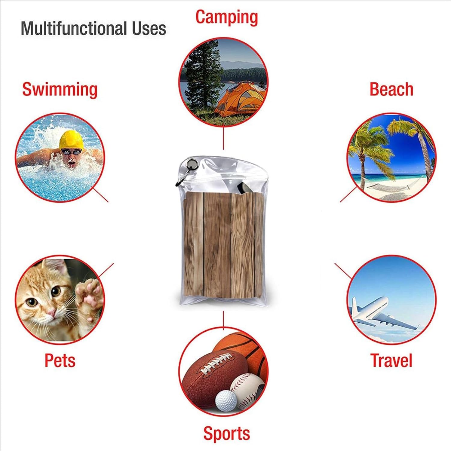 Brown Wood Print Quick Dry Towel with Hanging Loop and Storage Bag for Travel, Gym, Camping
