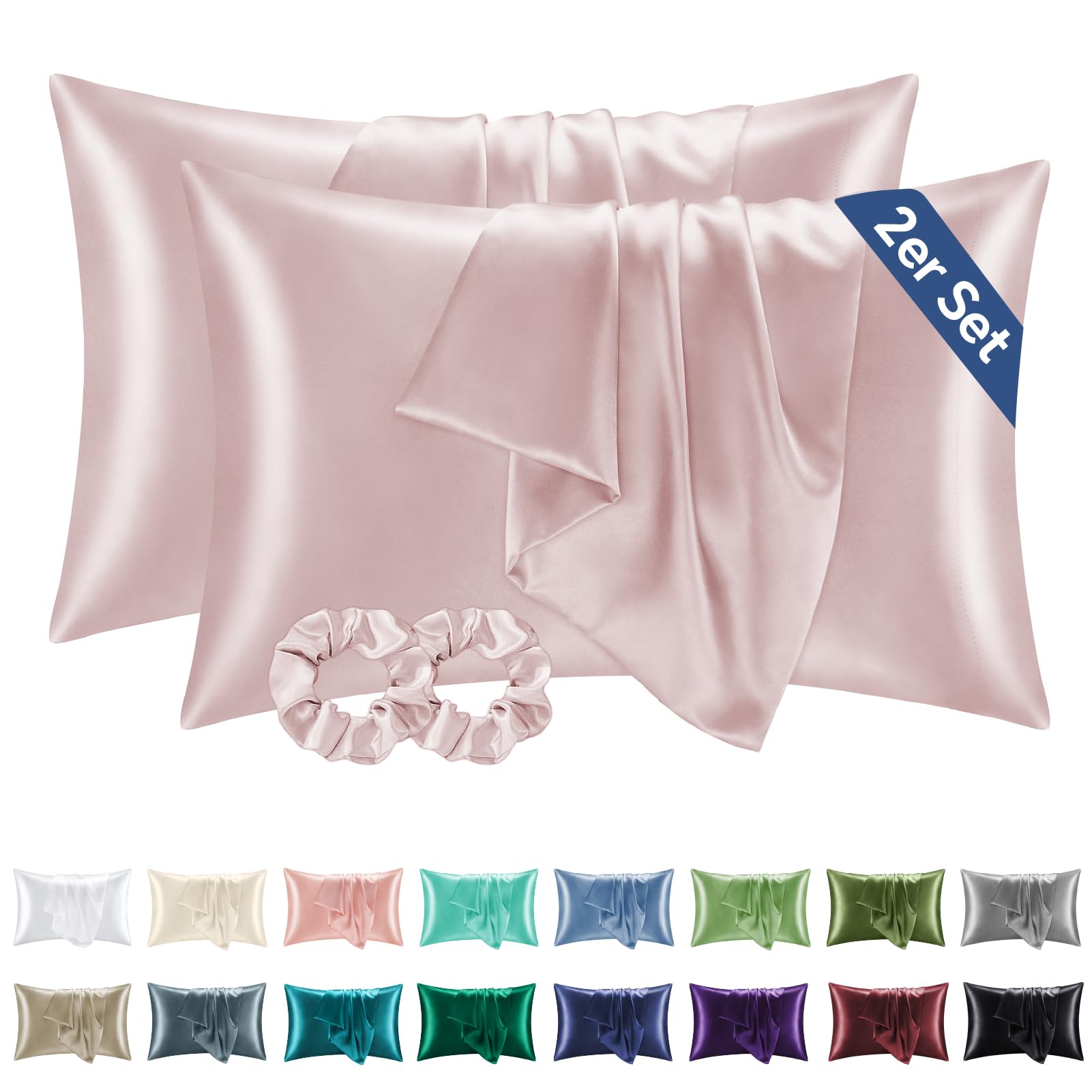 BEDELITE Satin Kissenbezug 40x60 Altrosa - Kopfkissenbezug 2er Set Weich wie Seidenkissenbezug 40 x 60 Sommer mit 2 Haargummis für Haar und Haut, Similar to Silk Pillowcase Pillow Cover