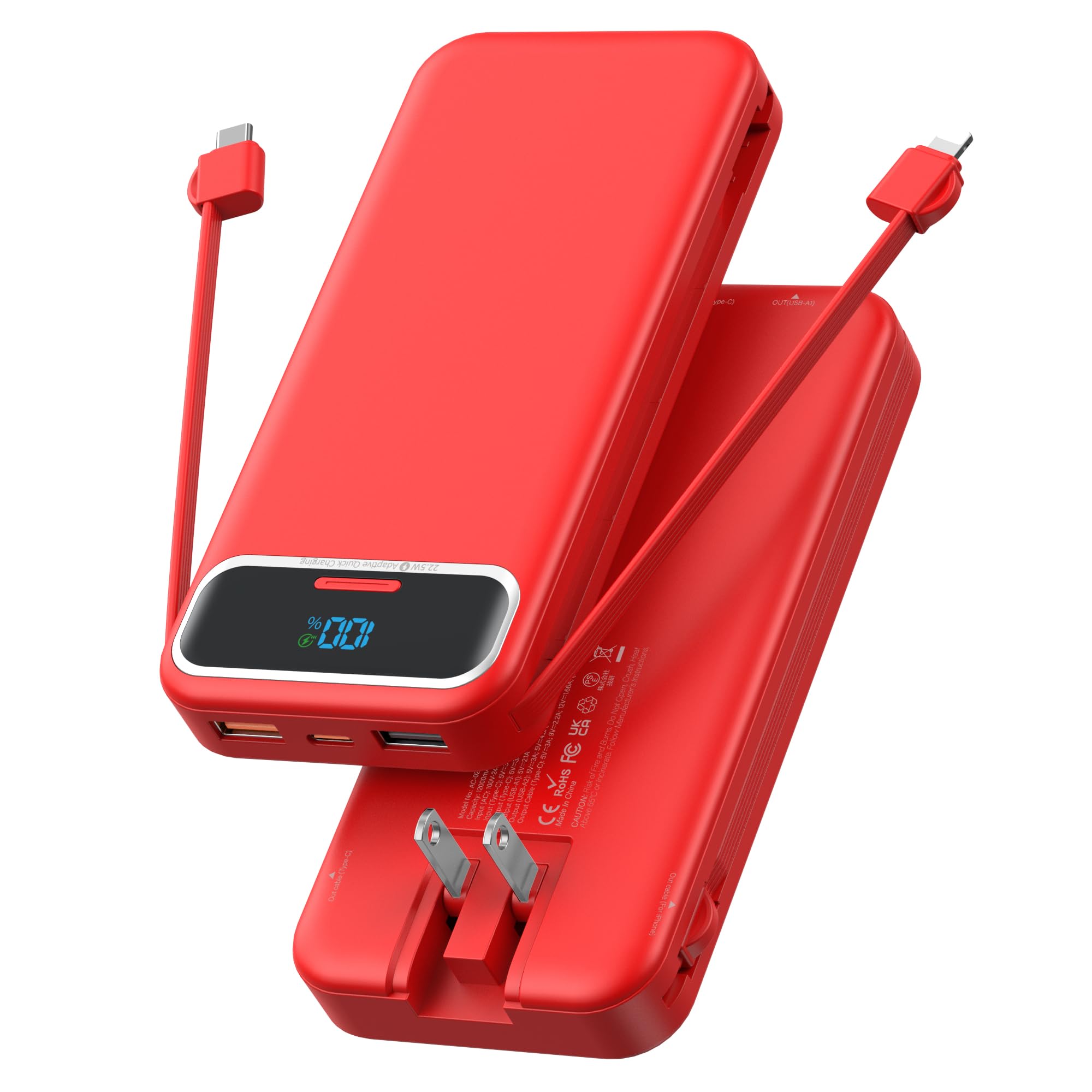 Portable Charger 12000mAh 22 5W Fast Charging Power Bank with Built-in Cables Wall Plug USB C External Battery