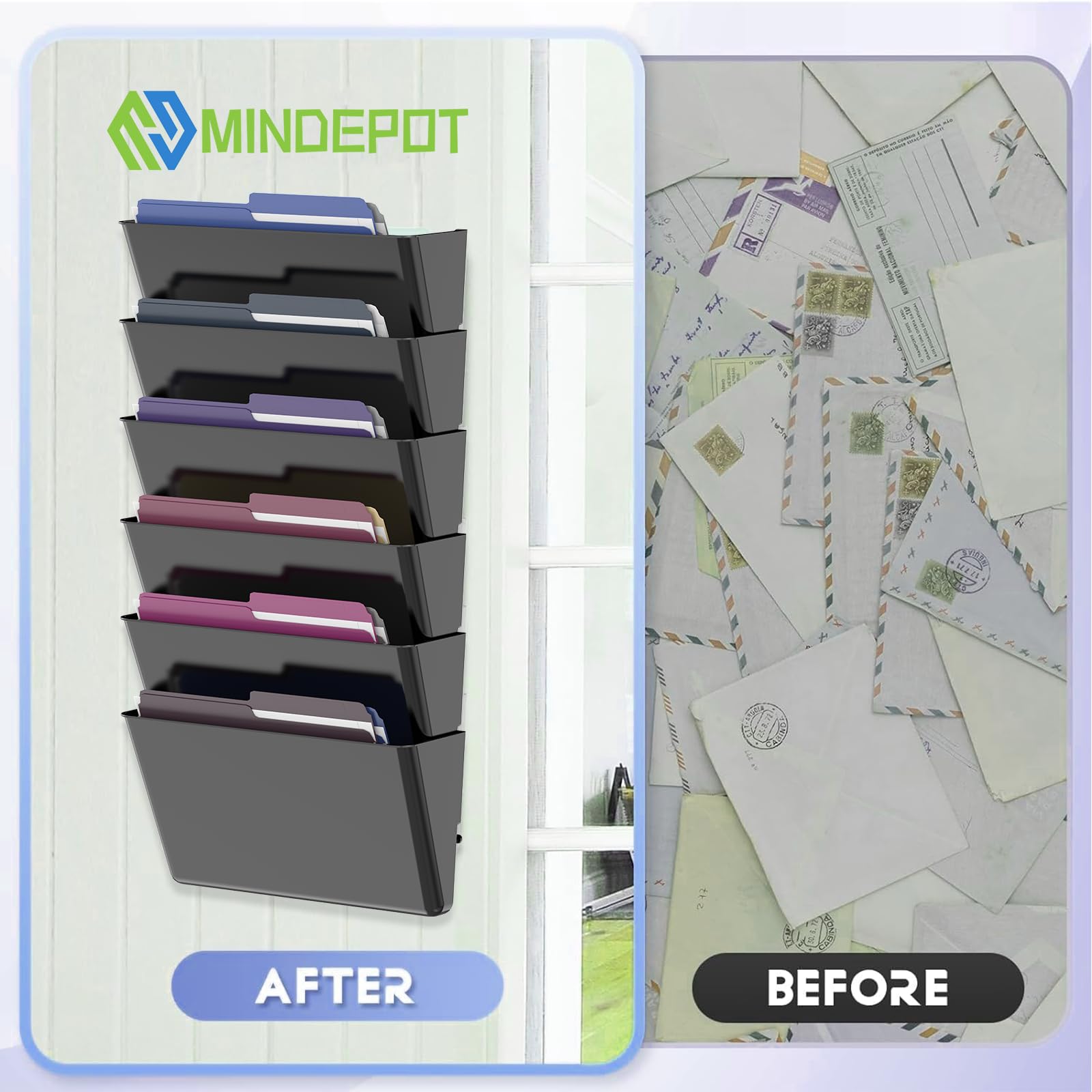 MINDEPOT 6 kieszeni, akrylowy organizer na dokumenty, przezroczysty uchwyt na dokumenty ścienne, plastikowy wiszący uchwyt na dokumenty ścienne do biura, szkoły i domu, czarny